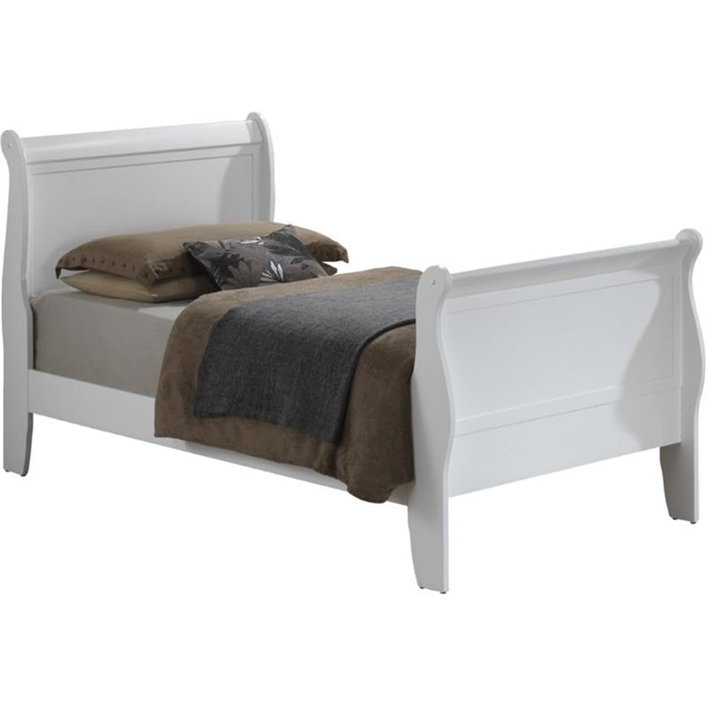 Glory Furniture Louis Phillipe Twin Sleigh Bed in White - Elegant Wooden Bed Frame for Kids & Guest Rooms - Perfect for Bedrooms, Dorms & Small Spaces