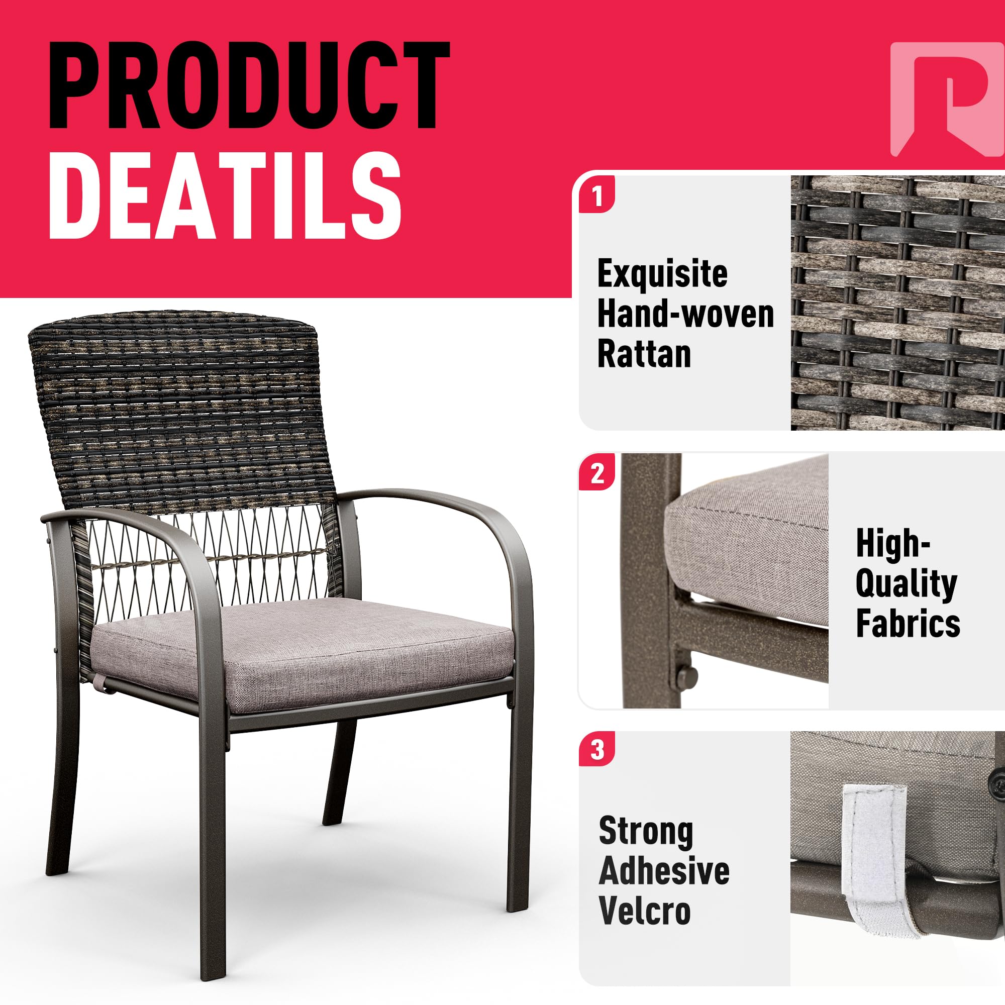 Pamapic 7-Piece Outdoor Dining Set - Rattan Patio Furniture with Iron Table, 4 Swivel Chairs & 2 Wicker Chairs - Removable Cushions (Gray) - Perfect for Backyard, Garden, Poolside & Outdoor Entertaining
