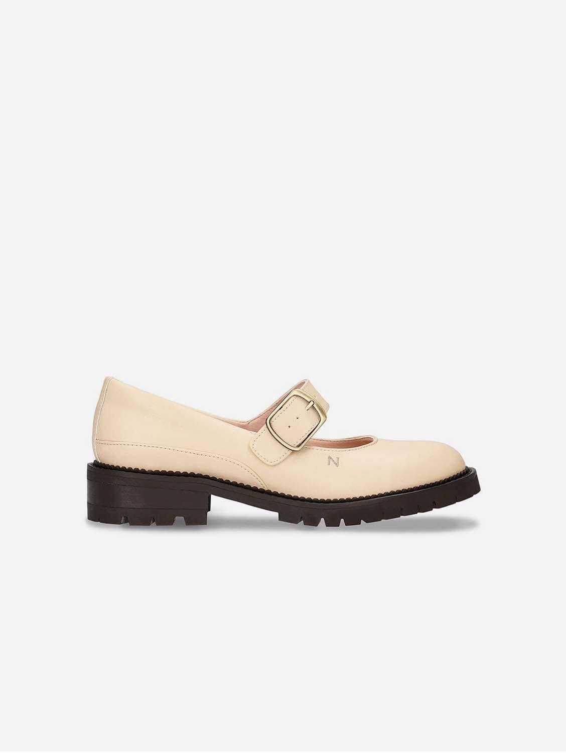 Emisa Women's Vegan Apple Leather Mary Jane Flats - Comfortable Beige Shoes for Work, Office & Casual Wear | Eco-Friendly & Stylish Footwear