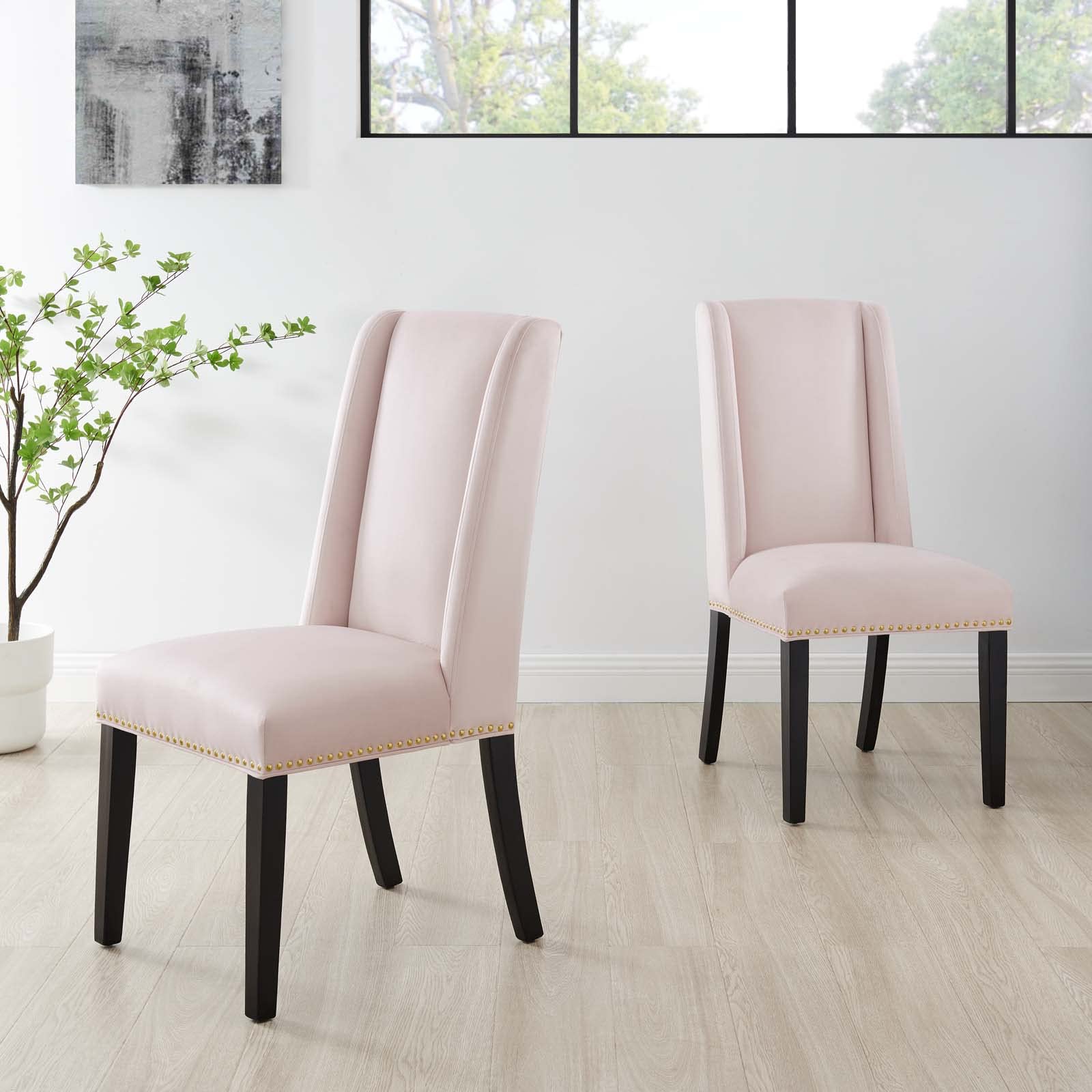 Modway Baron Performance Velvet Dining Chairs - Set of 2, Pink Upholstered Modern Kitchen Chairs for Dining Room, Restaurant & Home Decor