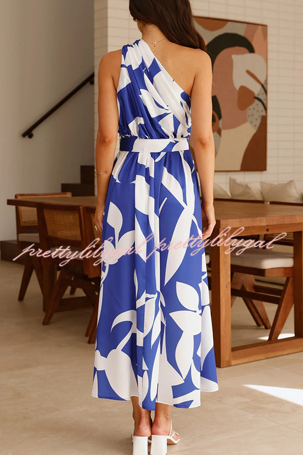 Unique Print Sleeveless One Shoulder Belted Maxi Dress for Women - Summer Beach Party, Evening Cocktail & Special Occasion Outfit