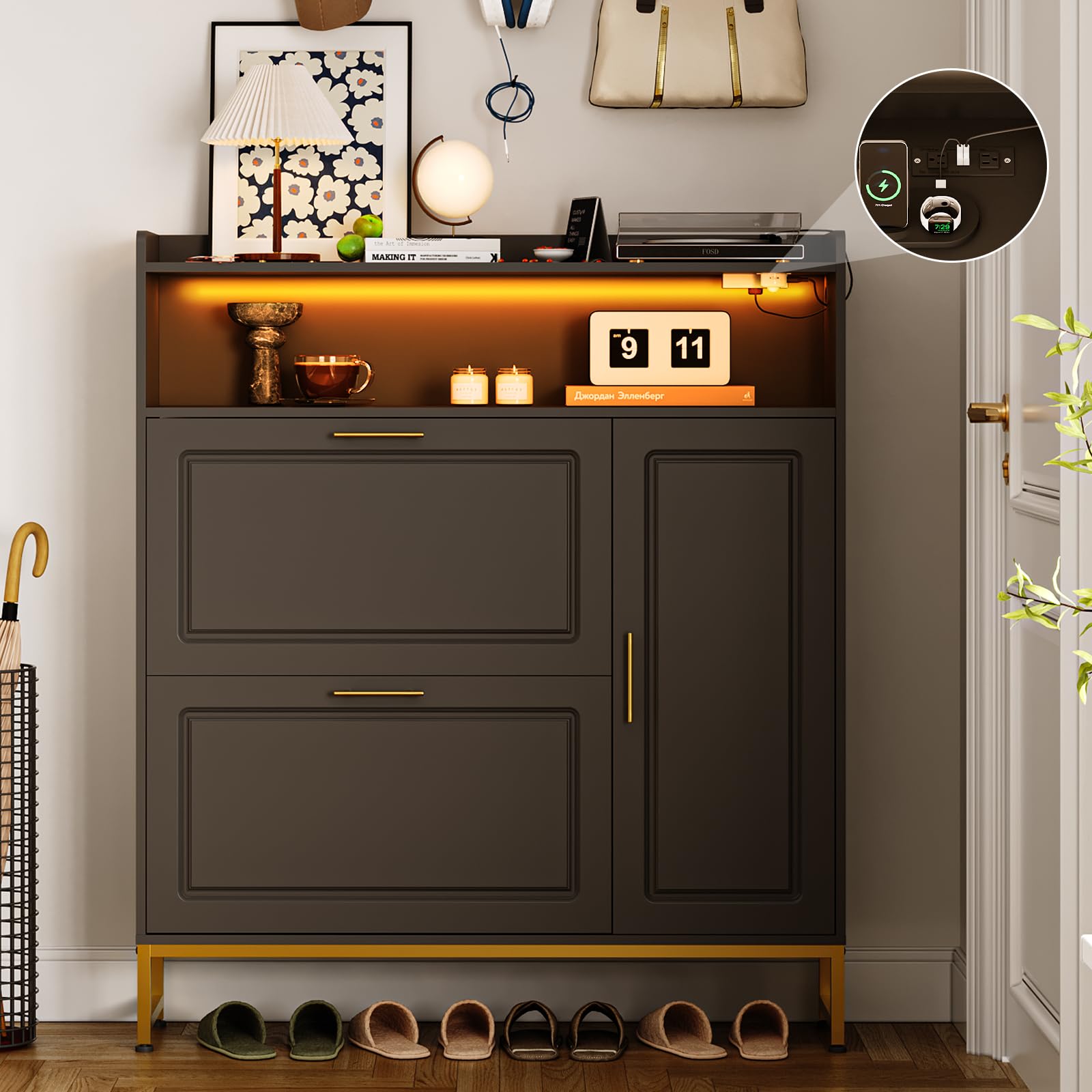 Freestanding Shoe Storage Organizer with 2 Flip Drawers, Side Cabinet, LED Light & USB Charging Station - Adjustable Shelf, Metal Legs - Perfect for Entryway, Hallway, Living Room & Small Spaces - Black