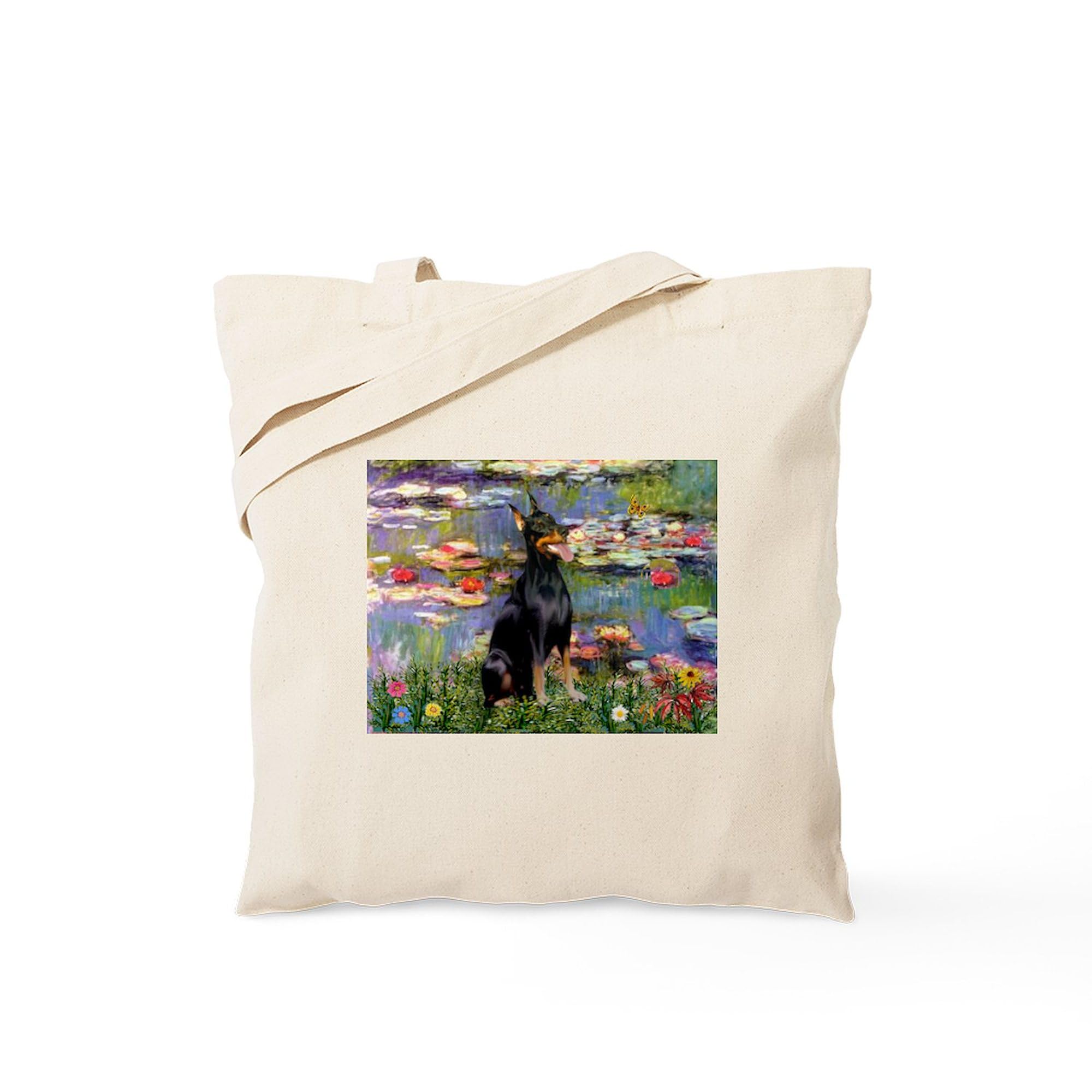 Lilies By Monet & Doberman Canvas Tote Bag - Eco-Friendly Reusable Shopping Bag for Groceries, Beach, Work & Daily Use