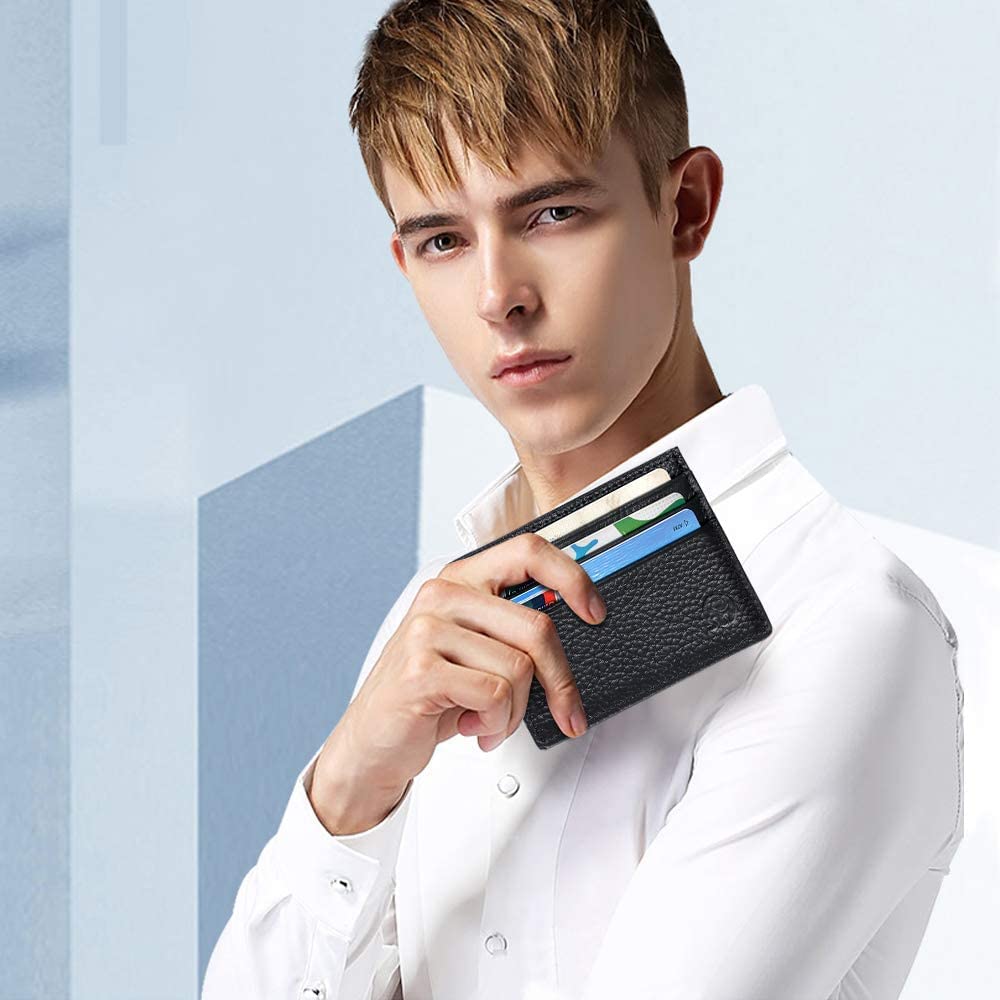 RFID Blocking Leather Credit Card Holder Wallet - Ultra Slim & Minimalist Front Pocket Wallet for Men & Women - 6 Card Slots + 1 Pocket (Black) | Perfect for Travel, Business & Everyday Use