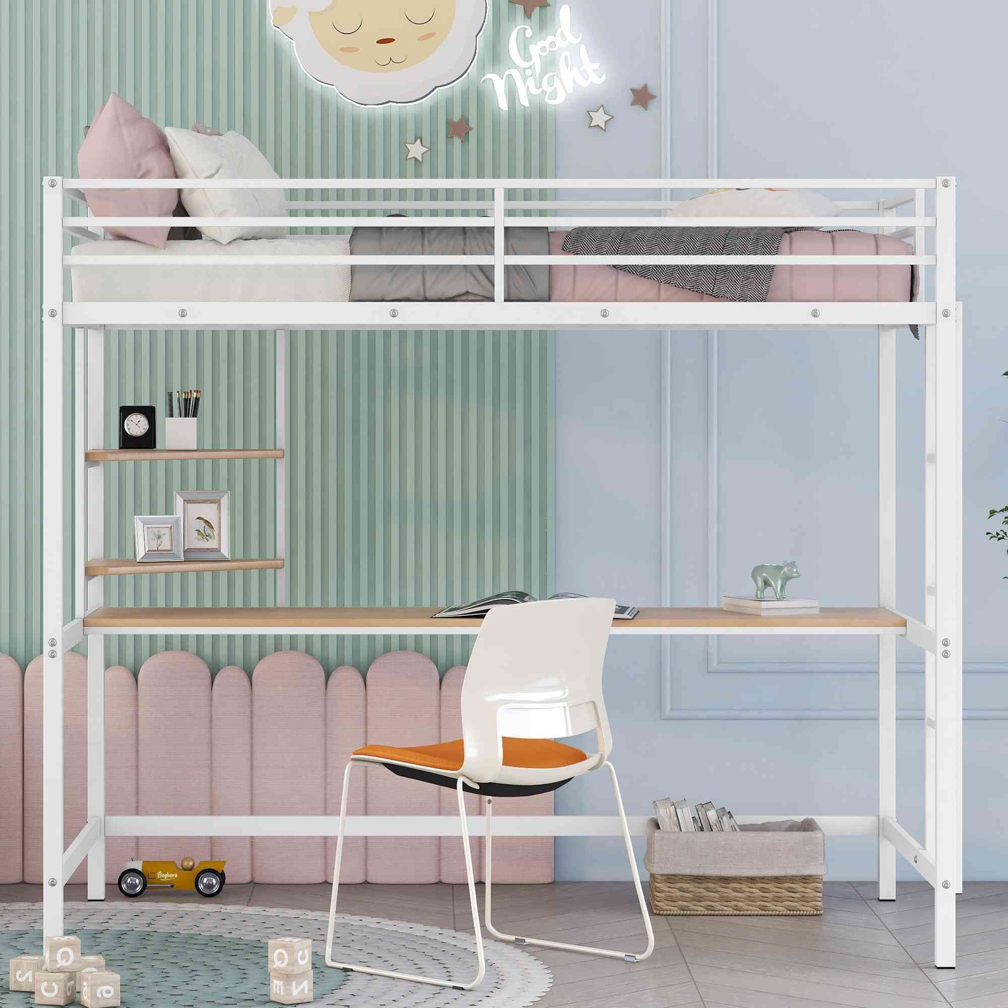 ATY White Metal Twin Size Loft Bed with Desk & Shelves - Space Saving Steel Bed Frame with Ladder for Small Bedroom, Dorm Room - Easy Assembly Study & Sleep Solution for Teens & College Students