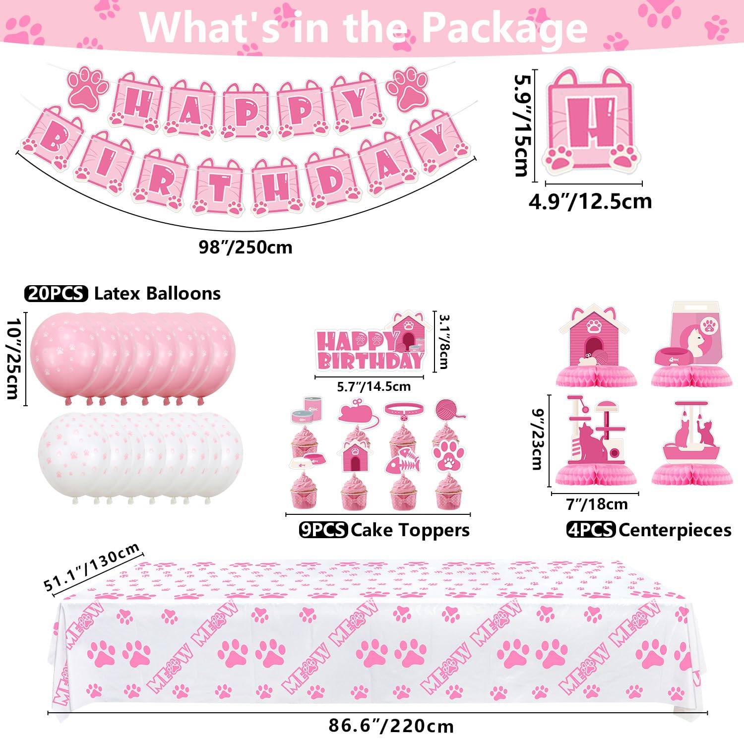 Cat Birthday Party Decorations Set - Pink Cat Banner, Honeycomb Centerpieces, Paw Balloons & Tablecloth for Kids & Cat Lovers | Perfect for Birthday Parties, Baby Showers & Themed Events