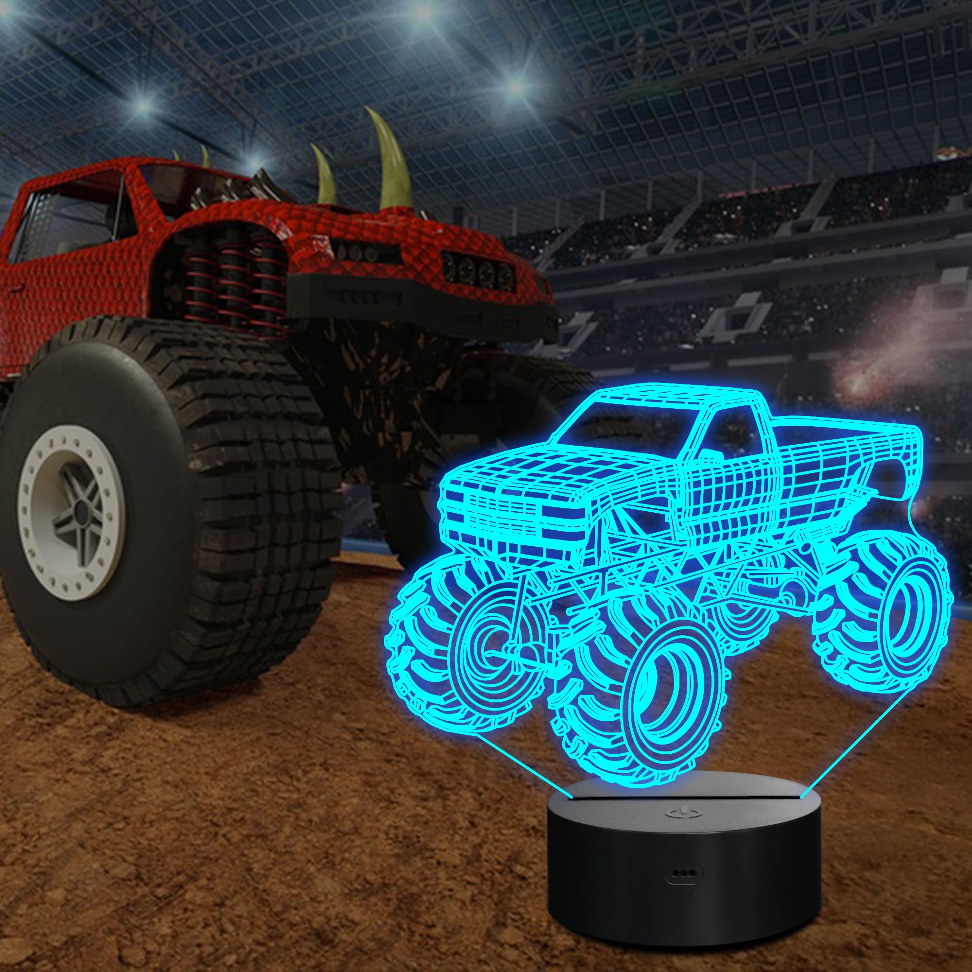 3D LED Monster Trucks Night Light with Remote Control & Timer - Cool Optical Illusion Lamp for Boys, Kids & Teens | Perfect Christmas & Birthday Gift | Bedroom Decor, Kids Room Lighting, Nighttime Comfort