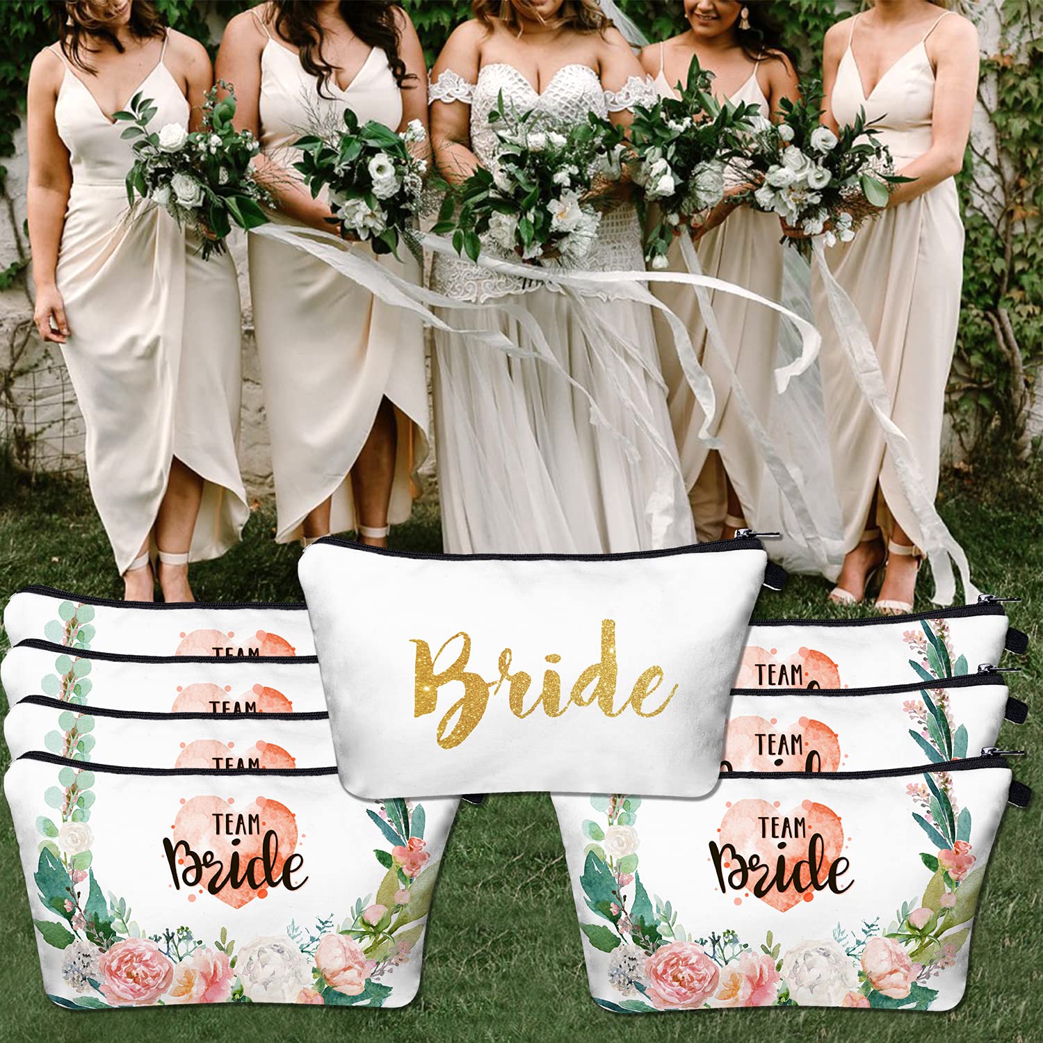 Floral Makeup Bag Set of 8 - Waterproof Travel Cosmetic Organizer for Women, Bridesmaid Gifts