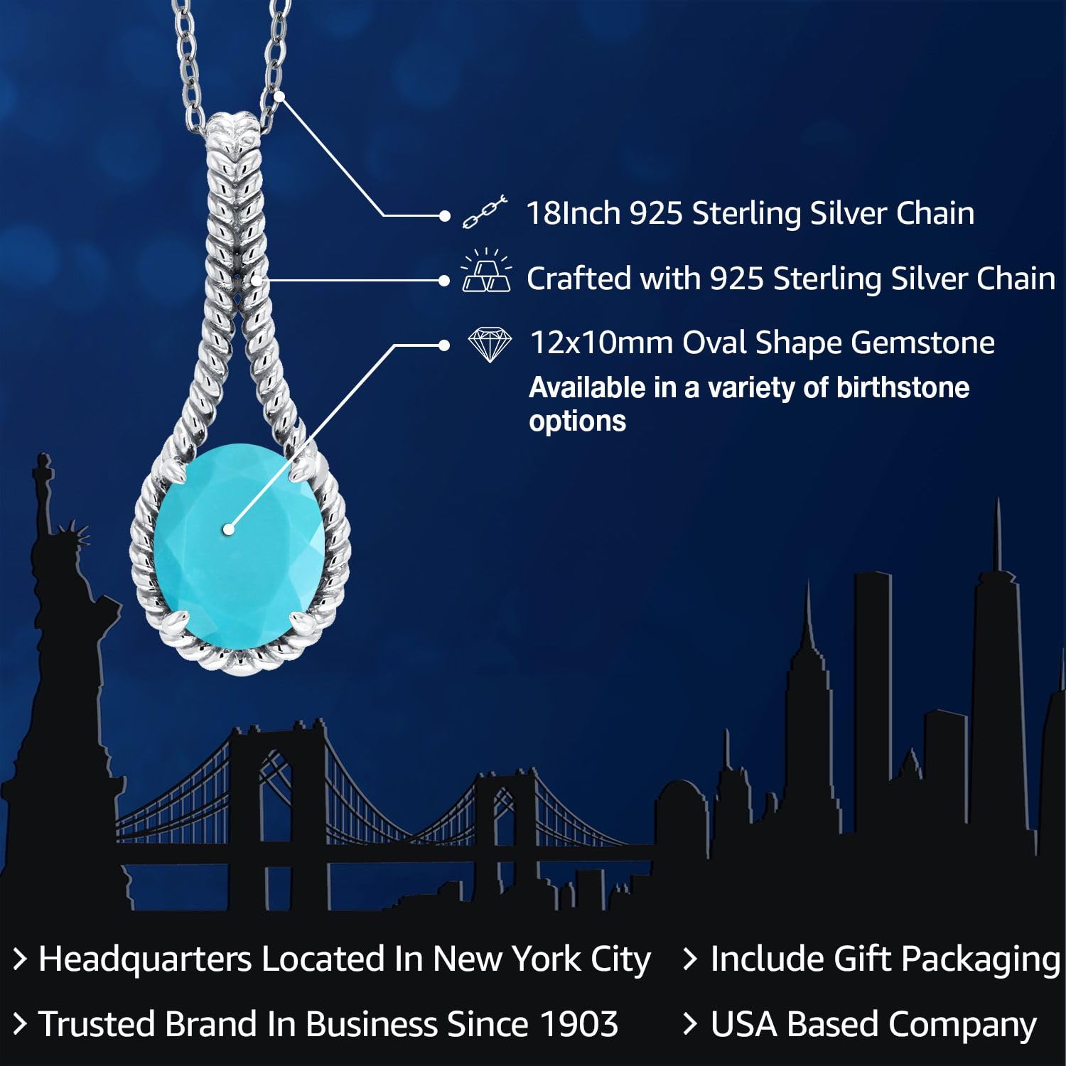 Gem Stone King 925 Sterling Silver 12X10MM Oval Birthstone Necklace for Women | Twisted Rope Solitaire Pendant with 18 Inch Silver Chain | Perfect Gift for Birthday, Anniversary & Mother's Day