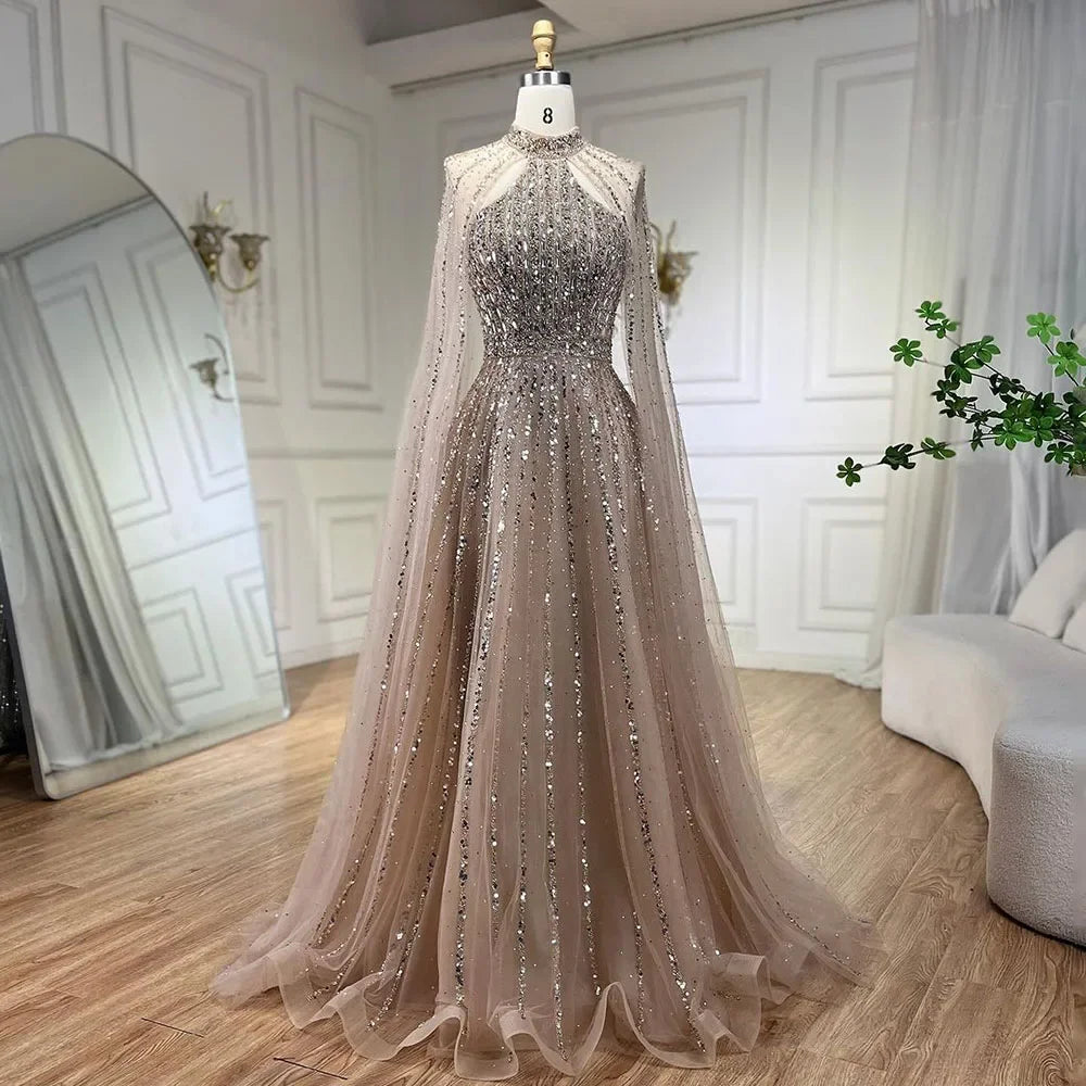 Elegant Arabic Turquoise A-Line Cape Sleeve Beaded Evening Gown for Women - Luxury Dubai Wedding Party Dress LA72306A | Perfect for Formal Events, Galas & Special Occasions