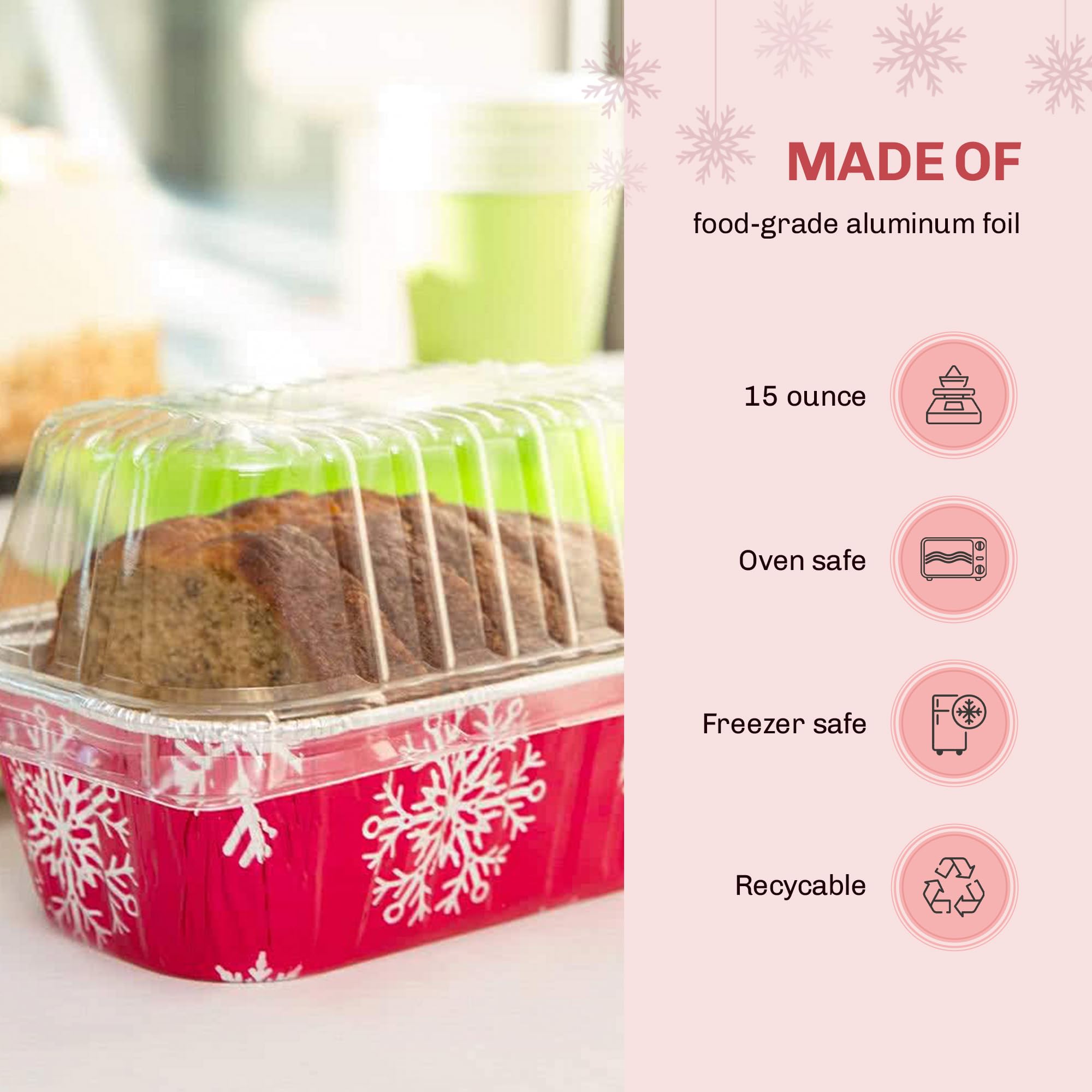 KitchenDance 1 Lb Disposable Aluminum Mini Loaf Pans with Clear Snap-on Lids - 15 oz Baking Pans for Holiday Cooking, Party Desserts & Meal Prep (Red & Silver, 50 Count)