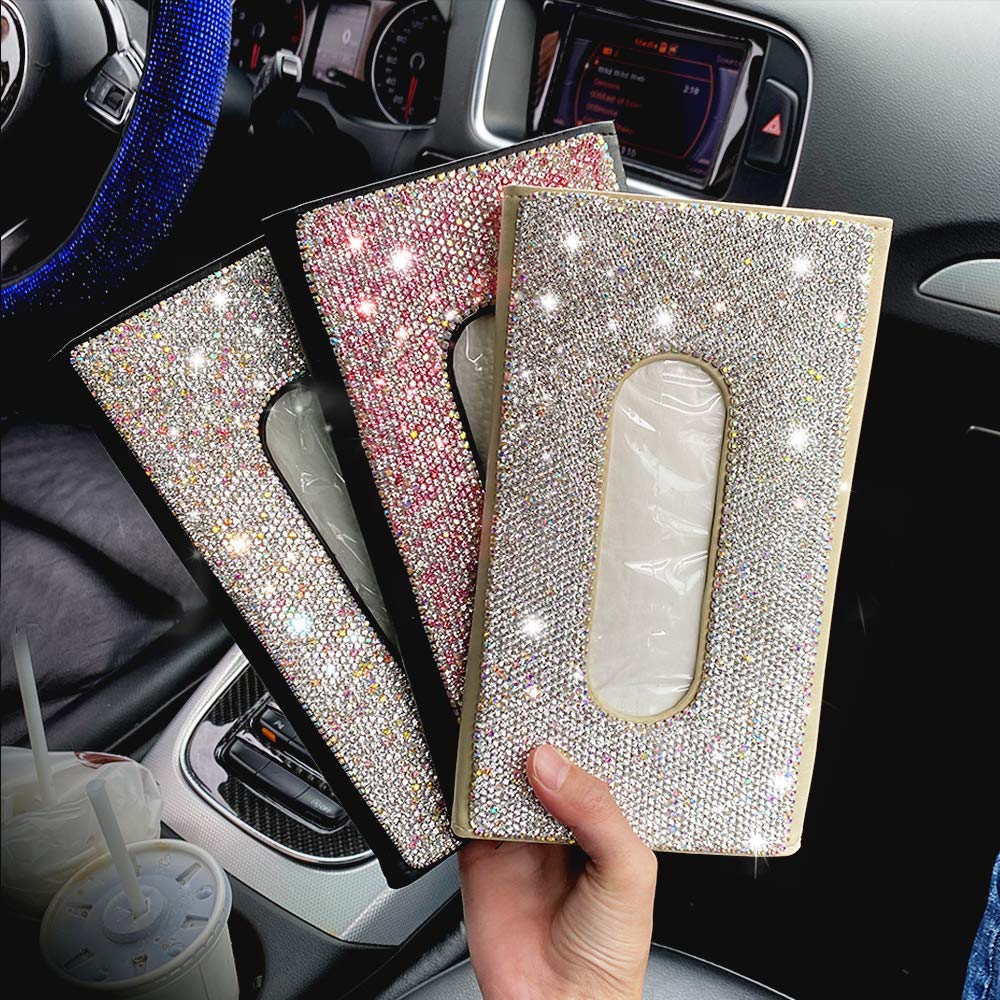 Sparkling Rhinestone PU Leather Napkin Holder & Car Tissue Box Organizer - Elegant Beige & White Hanging Backseat Sun Visor Storage for Cars | Perfect for Road Trips, Daily Commutes & Luxury Vehicle Decor