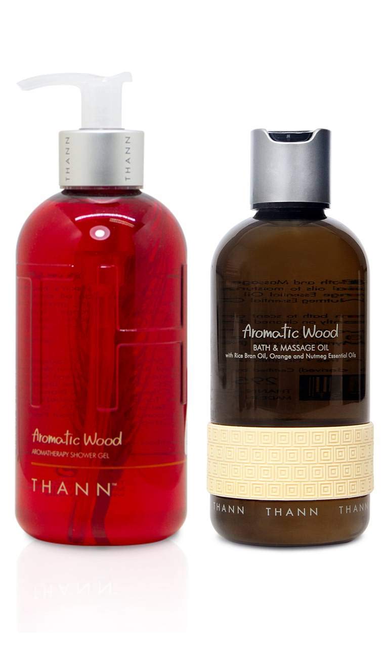 THANN Aromatic Wood Aromatherapy Shower Gel & Bath Massage Oil Set - Relaxing Spa Gift for Stress Relief & Self Care - Perfect for Home Spa, Bath Time & Aromatherapy Sessions