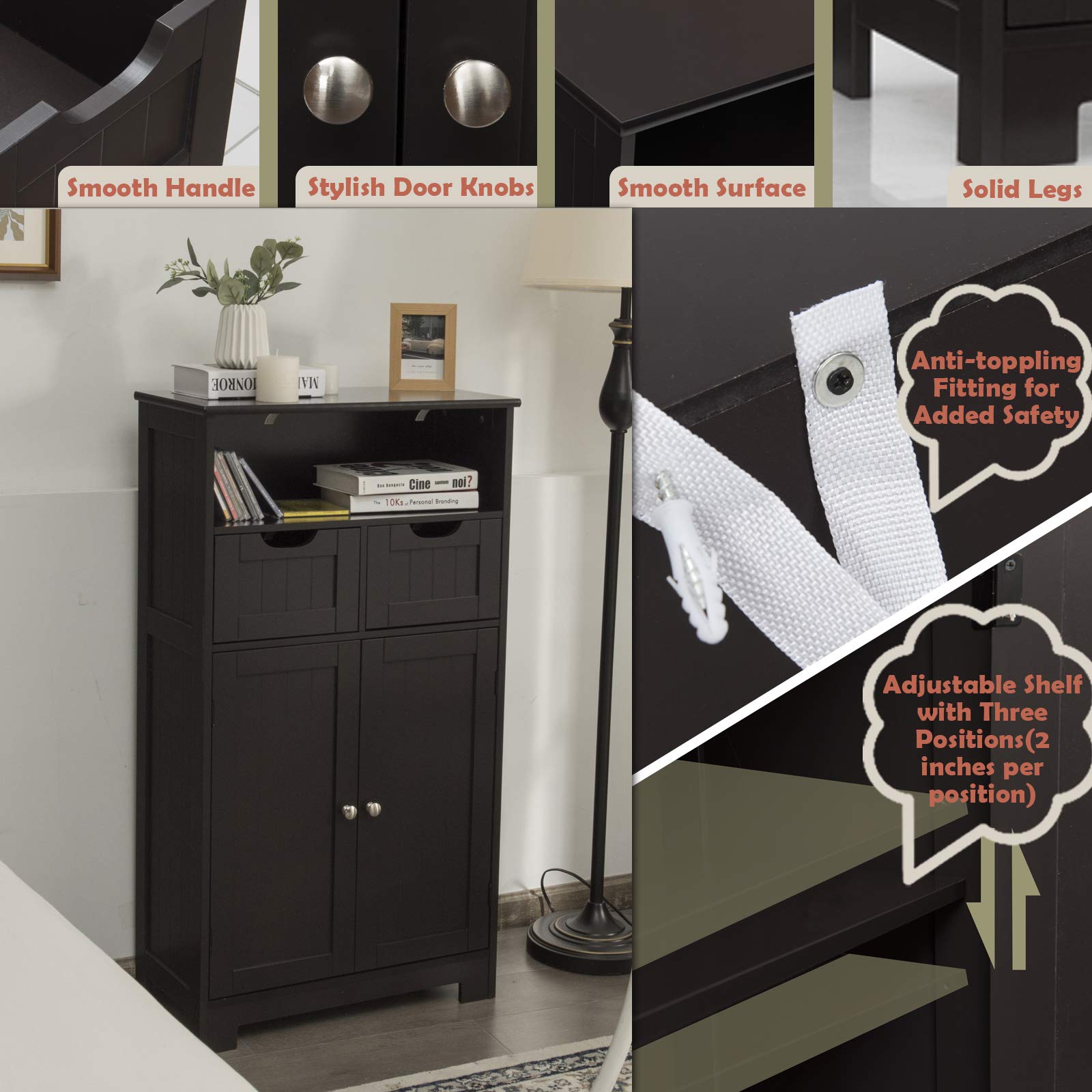 GLACER Multifunctional Floor Cabinet with Removable Drawers & Adjustable Shelf - 24 x 12 x 43 Inches Bathroom Storage Organizer for Living Room, Kitchen, Entryway - Space-Saving Brown Wood Cabinet (Perfect for Small Spaces & Home Organization)