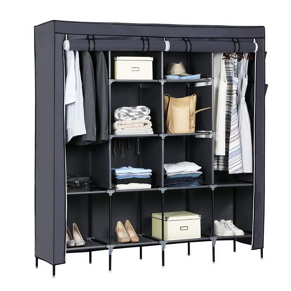 Knocbel 67 Inch Freestanding Closet Organizer with Dustproof Waterproof Cover - 2 Hanging Rods, 4 Side Pockets & Storage Shelves for Bedroom, Closet or Laundry Room (Gray)