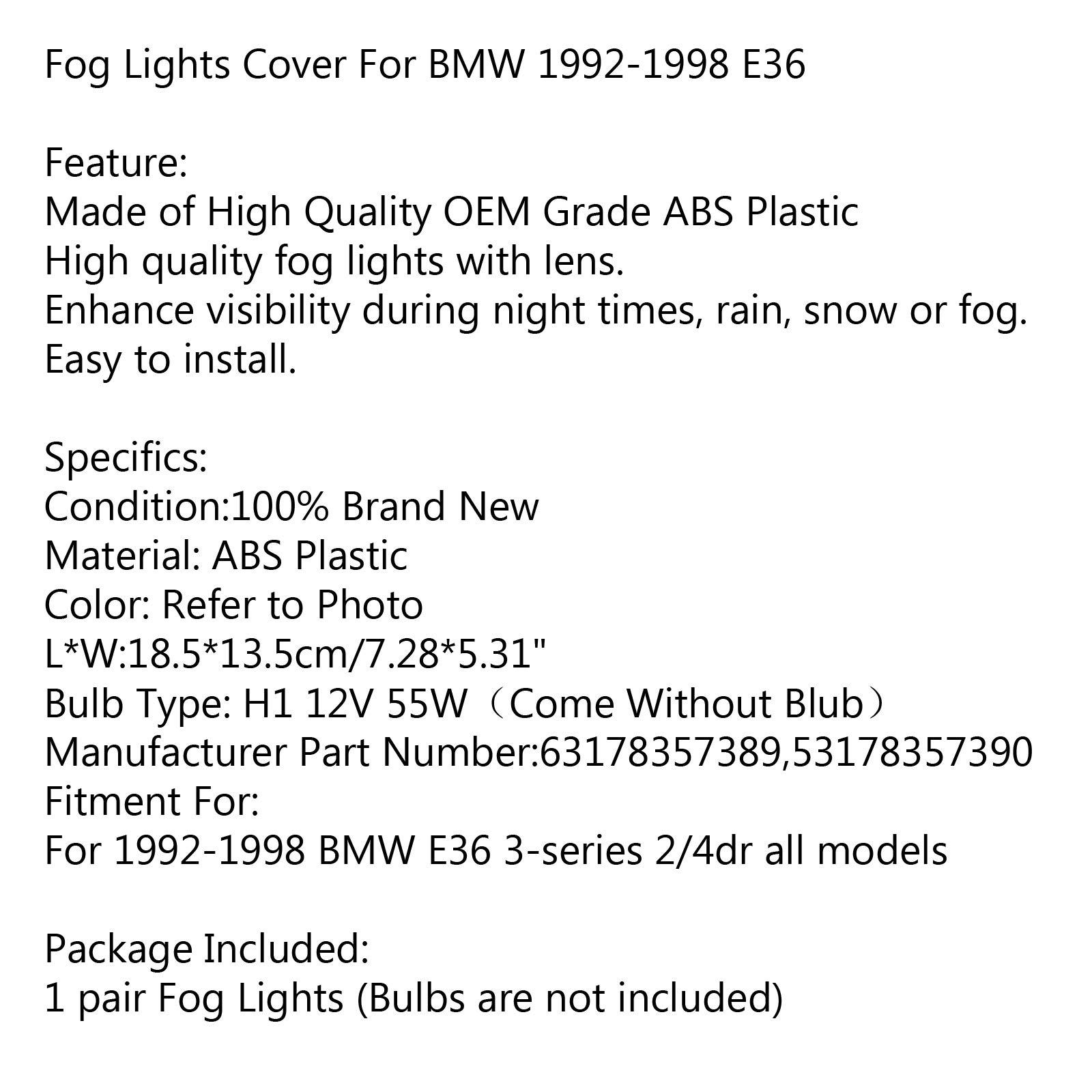 Areyourshop Replacement Fog Lights - Crystal Yellow Lens for BMW E36 3 Series (1992-1998) 2/4 Door - Durable Aftermarket Fog Lamps for Enhanced Visibility in Rain & Fog