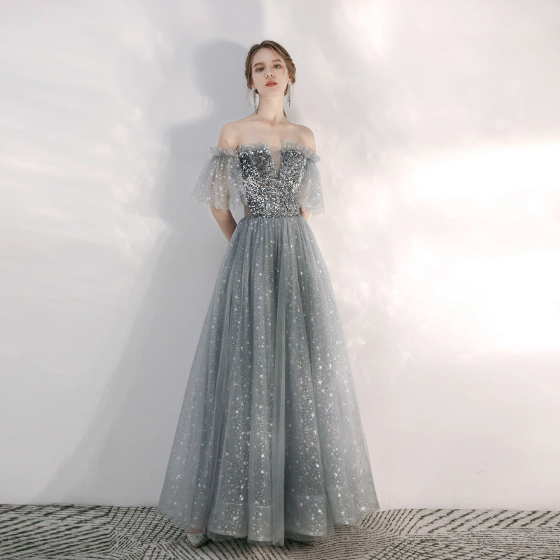 Elegant Off Shoulder Shiny Tulle Prom Dress - A-Line Long Formal Evening Gown for Homecoming, Quinceañera & Special Occasions | Style 674