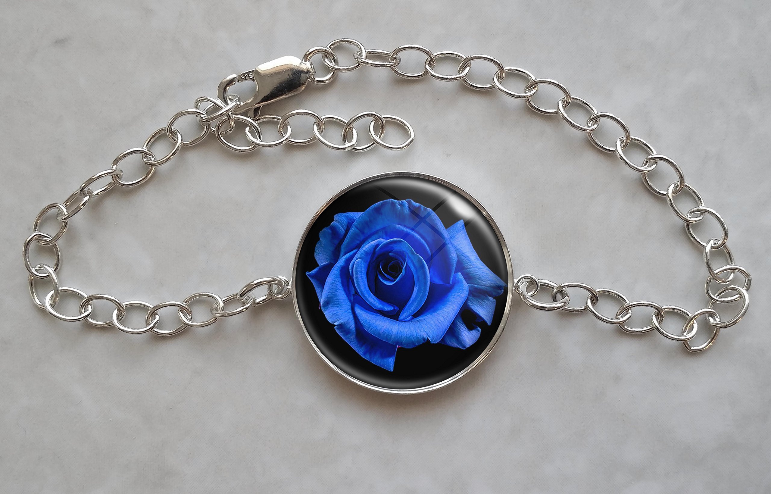 Blue Rose Sterling Silver Charm Bracelet for Women - Elegant Jewelry Gift for Birthday, Anniversary & Special Occasions