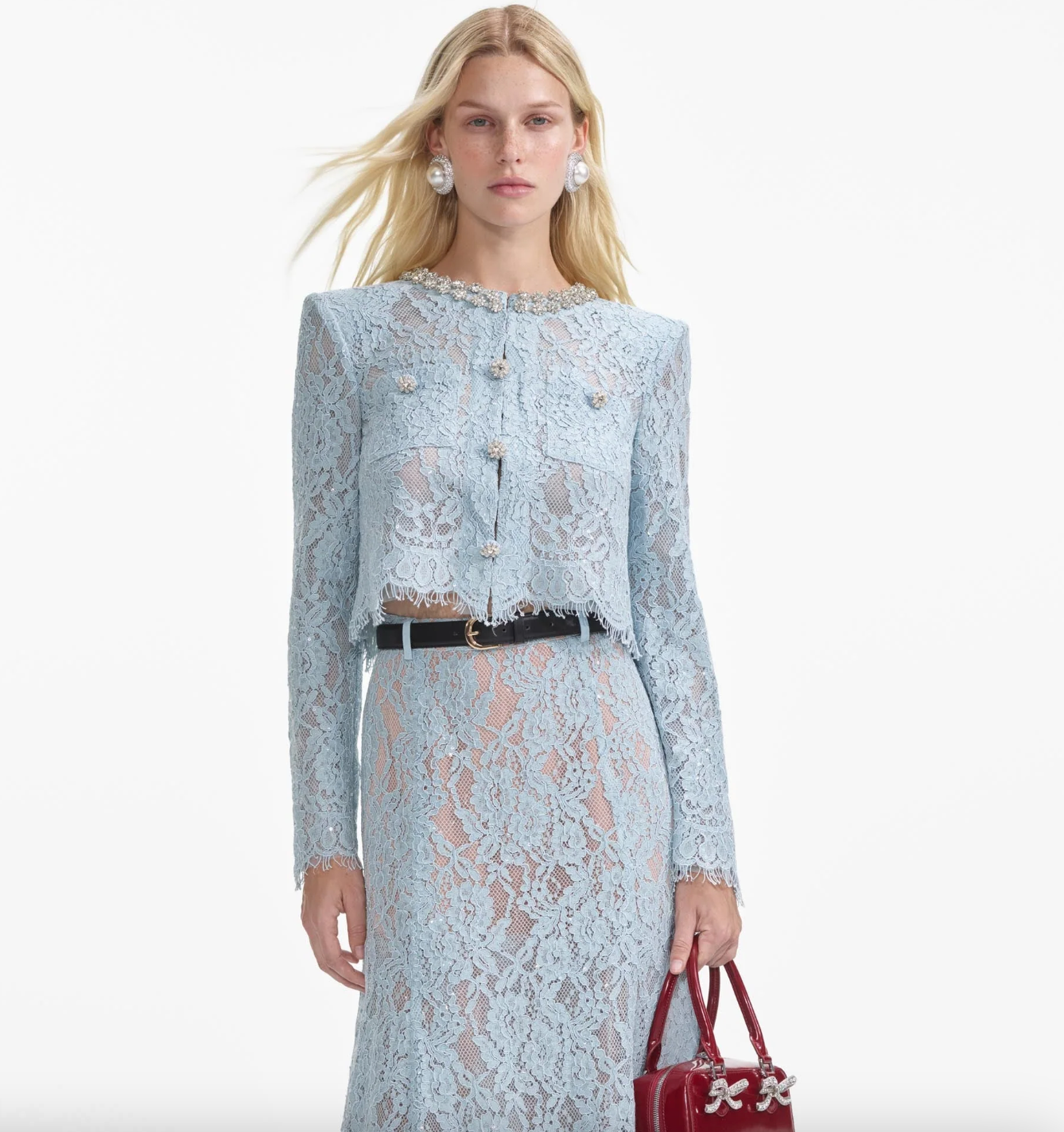 Embellished Blue Lace Top for Women - Elegant Floral Lace Blouse for Party, Date Night & Special Occasions