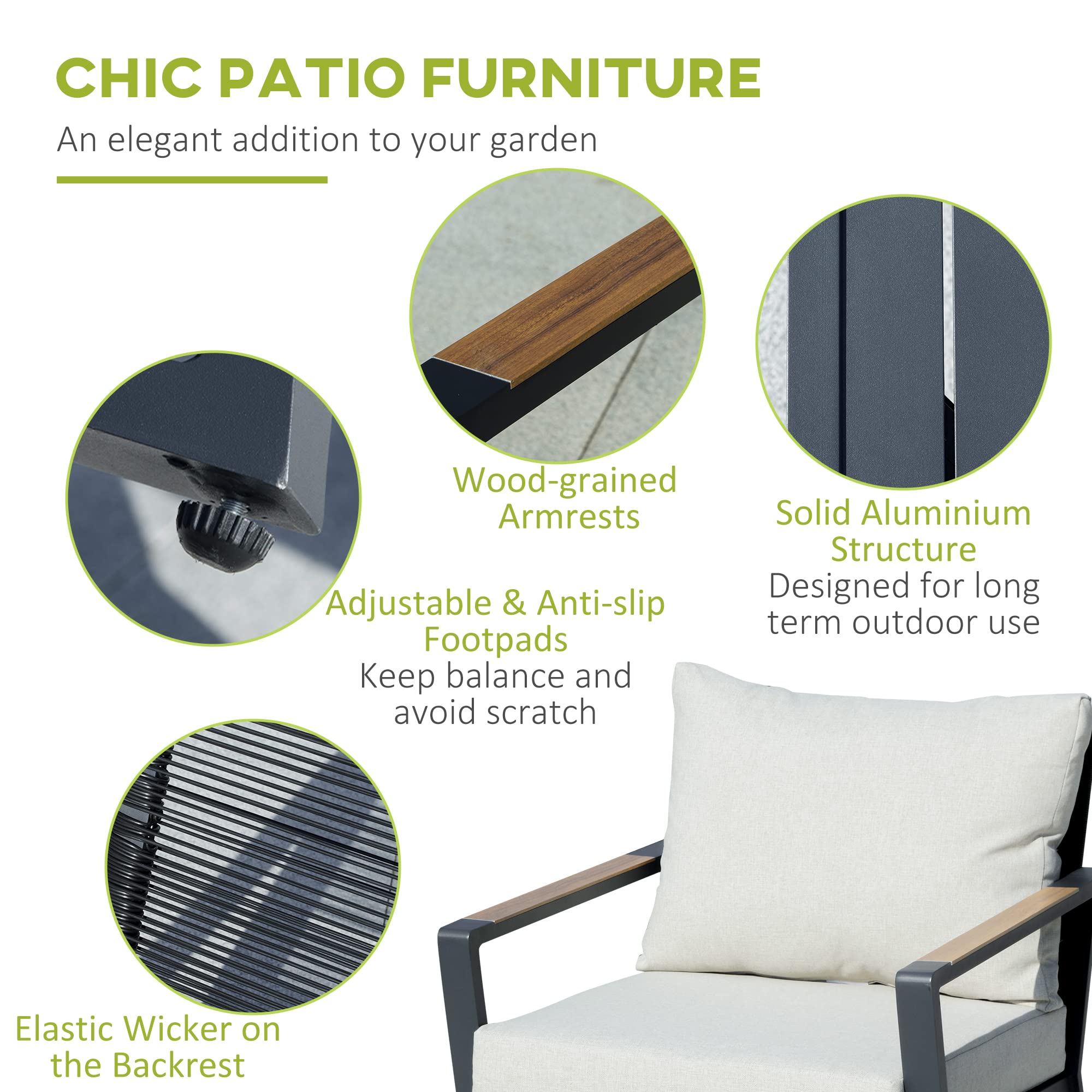Outsunny 4-Piece Patio Furniture Set - Aluminum Outdoor Conversation Set with Sofa, Armchairs, Coffee Table & Cushions - Cream White - Perfect for Garden, Backyard, Poolside & Patio Relaxation