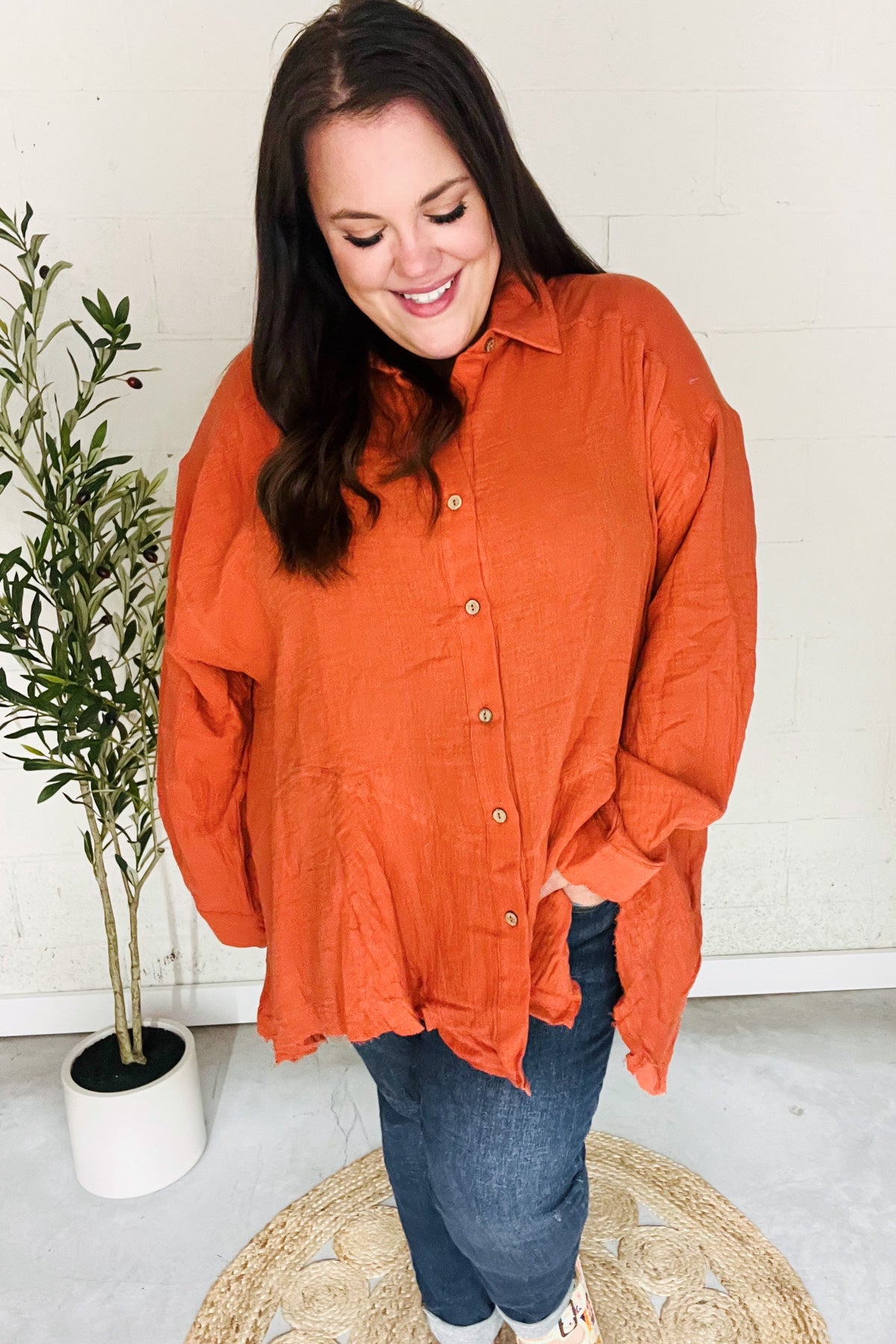 Stylish Rust Button Down Sharkbite Cotton Tunic Top for Women | Comfortable Everyday Wear | Perfect for Office, Casual Outings & Date Nights