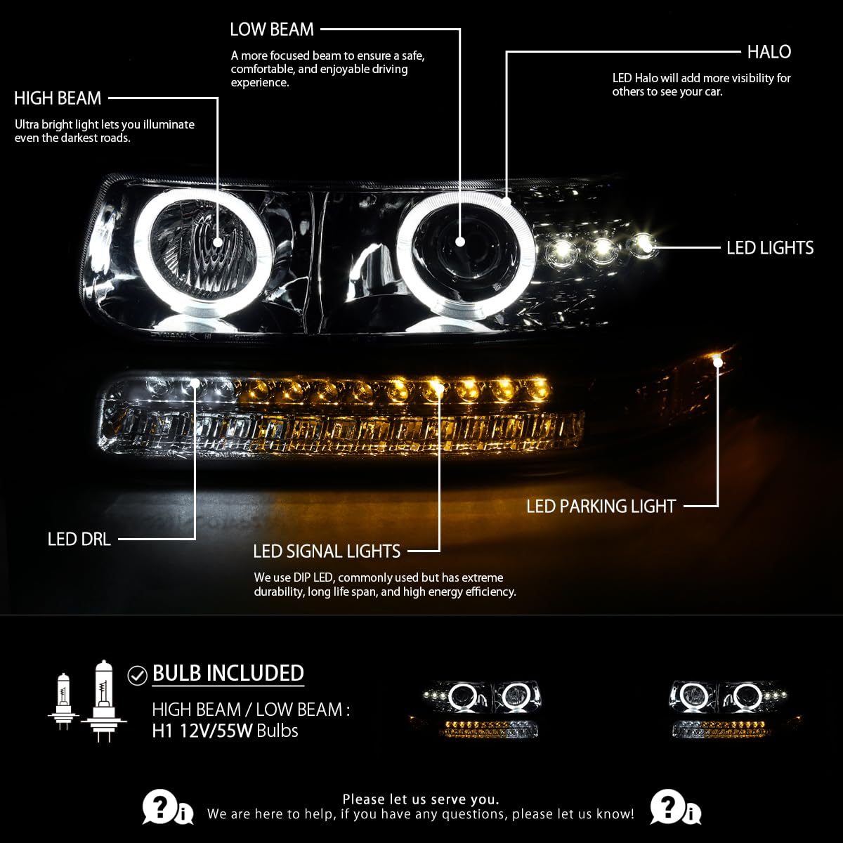AUTOZENSATION LED Headlights Assembly Compatible with 1992-2002 Chevy Silverado Tahoe Suburban - Left Right Pair Smoke Halo Projector Headlights & LED Bumper Lights - Upgrade for Night Driving Off-Roading and Custom Look