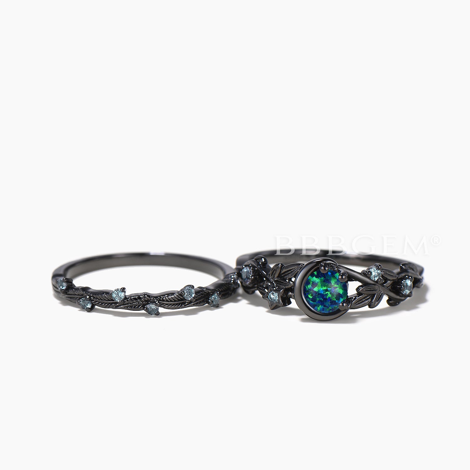 Black Opal & Alexandrite Moon Wedding Ring Set - 14K Black Gold Twisted Band for Women - Perfect for Engagement, Anniversary & Romantic Occasions