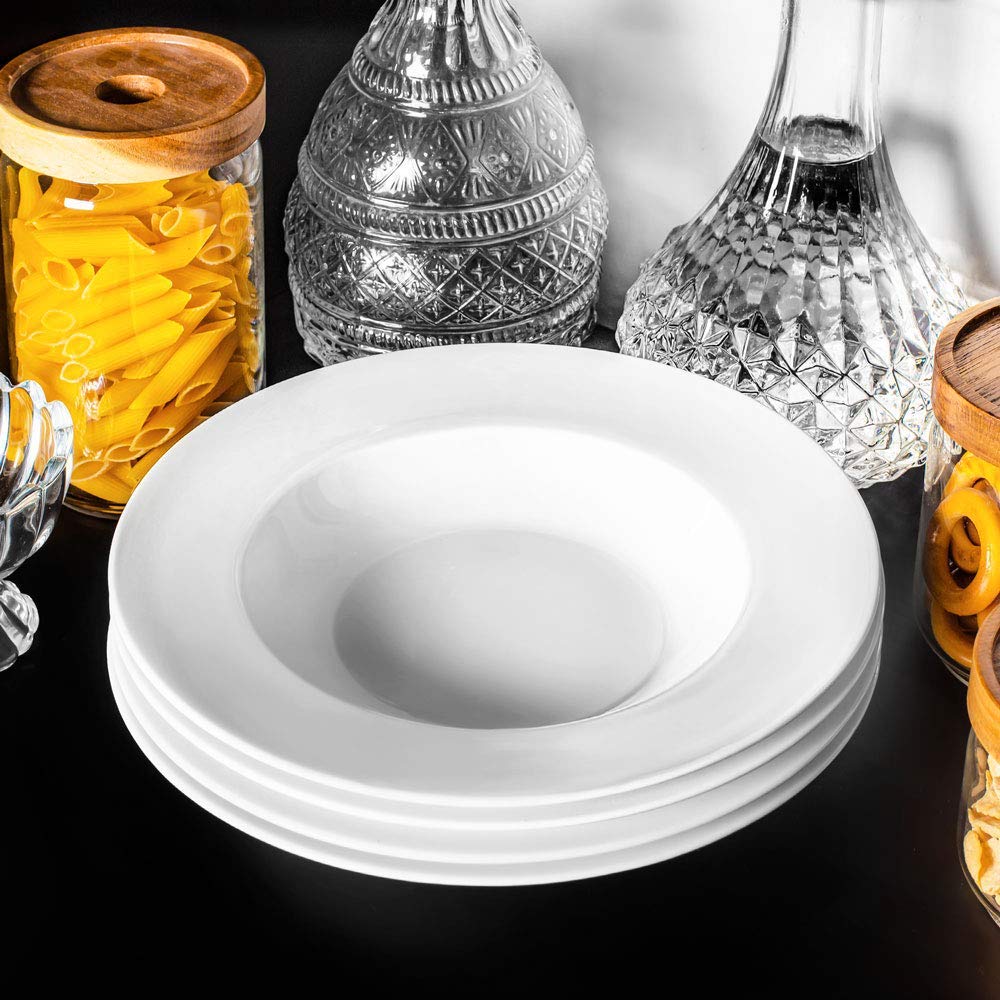 Artena Elegant White Pasta Bowls Set of 4 & Solid Soup and Sandwich Plate Combo - Perfect for Italian Dining, Family Meals, and Dinner Parties