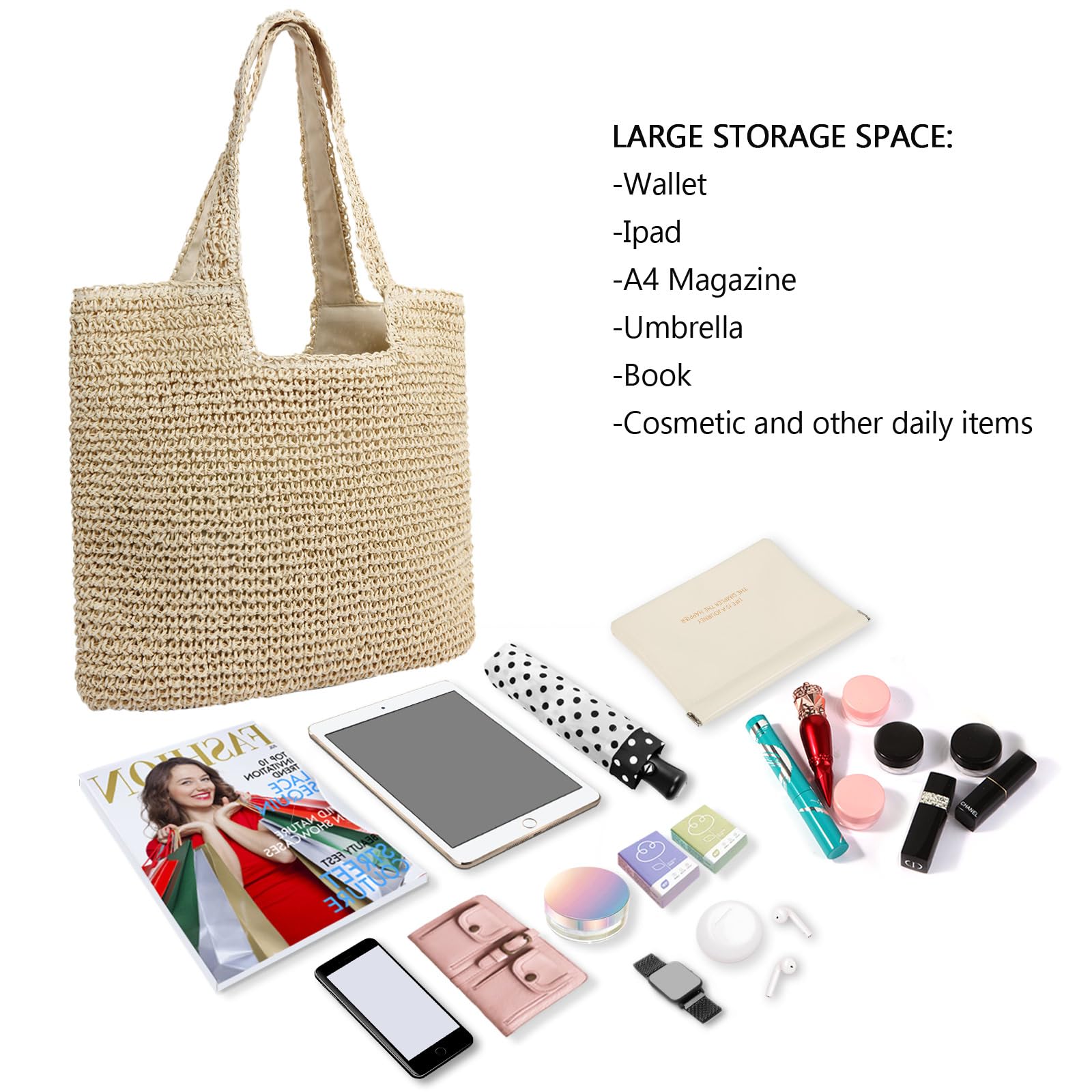 Large Straw Beach Bag for Women with Coin Purse - Woven Tote Summer Shoulder Handbag | Perfect for Vacation, Poolside, Travel & Shopping