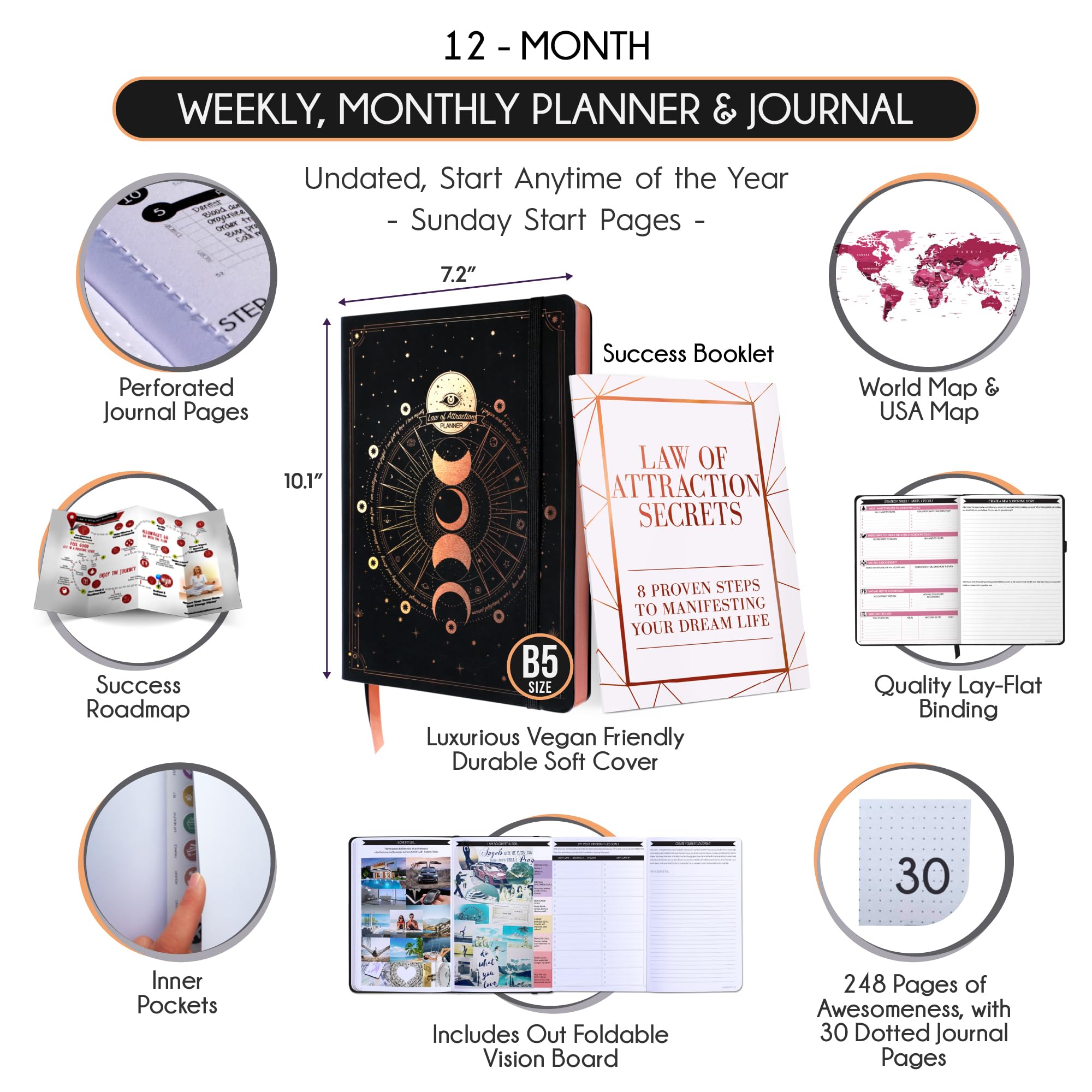 Law of Attraction Planner 2025 – Undated Hourly, Weekly & Monthly Productivity Planner for Goal Setting | 12-Month Life & Gratitude Journal with Foldable Vision Board, Gift Box & Stickers – Perfect for Manifestation, Self-Improvement & Daily Organization