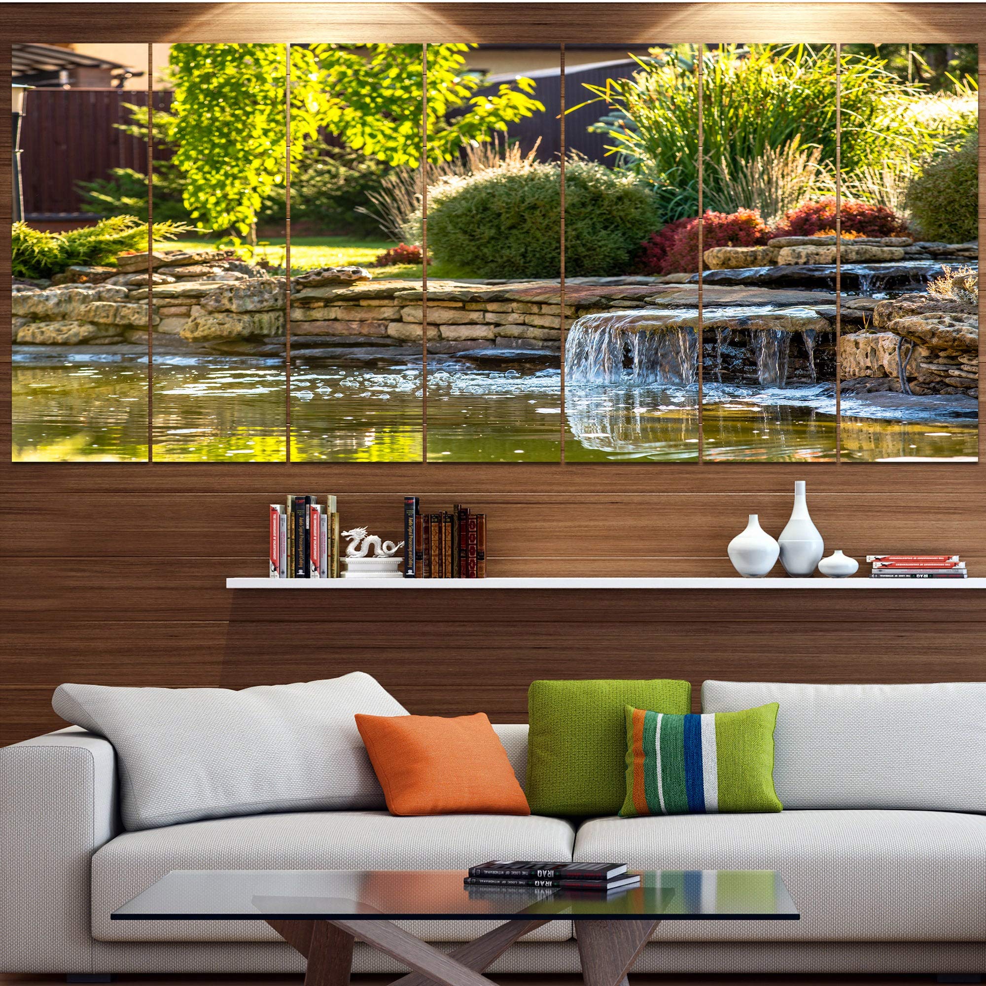 Green Lake and Plants Landscape Wall Art - 6 Panel Canvas Painting 70x28 Inches - Nature Inspired Home Decor for Living Room, Bedroom & Office