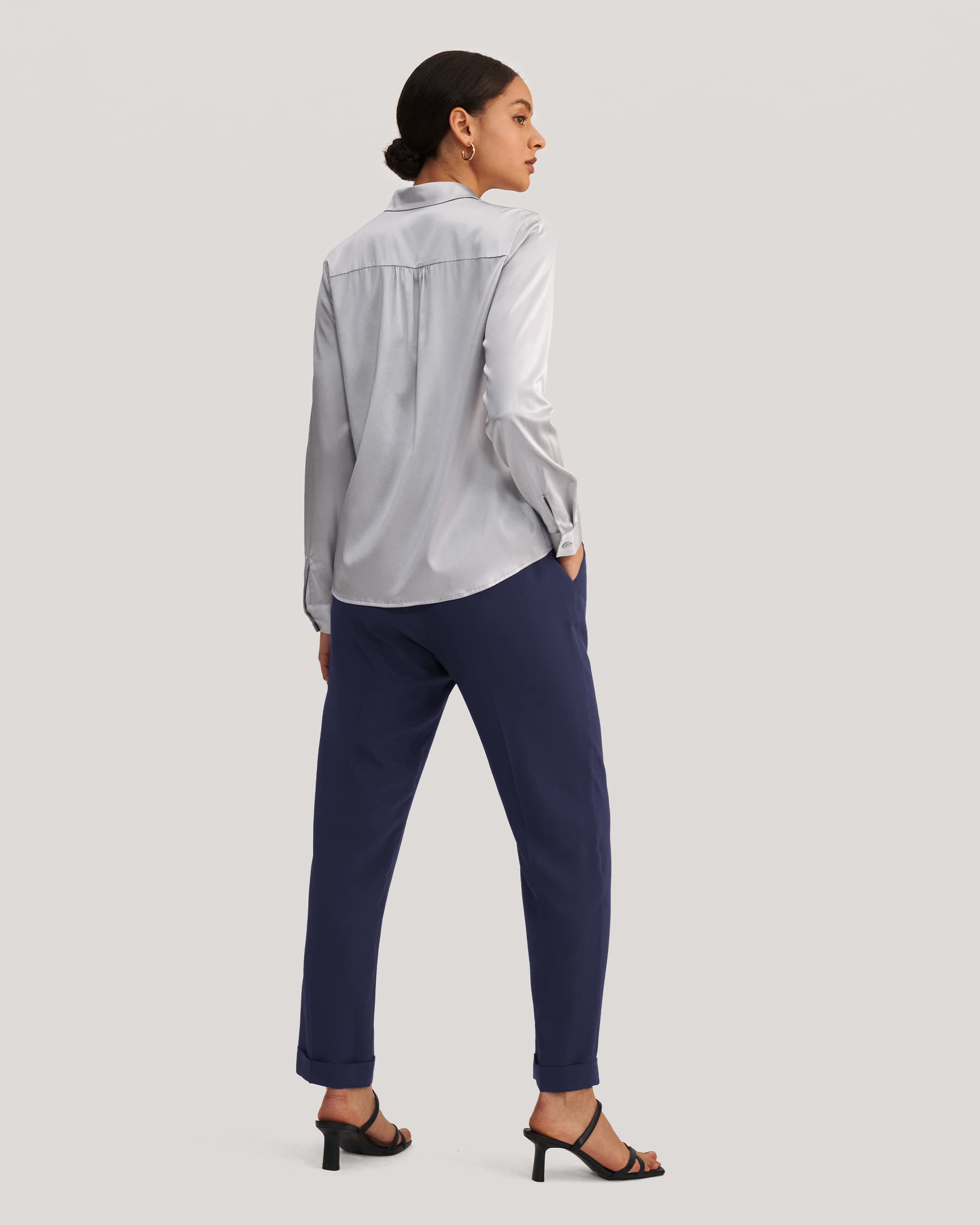 LilySilk Women's 19MM Natural Silk Charmeuse Long Sleeve Collared Blouse - Elegant Office Wear & Business Casual Tops for Professional Women