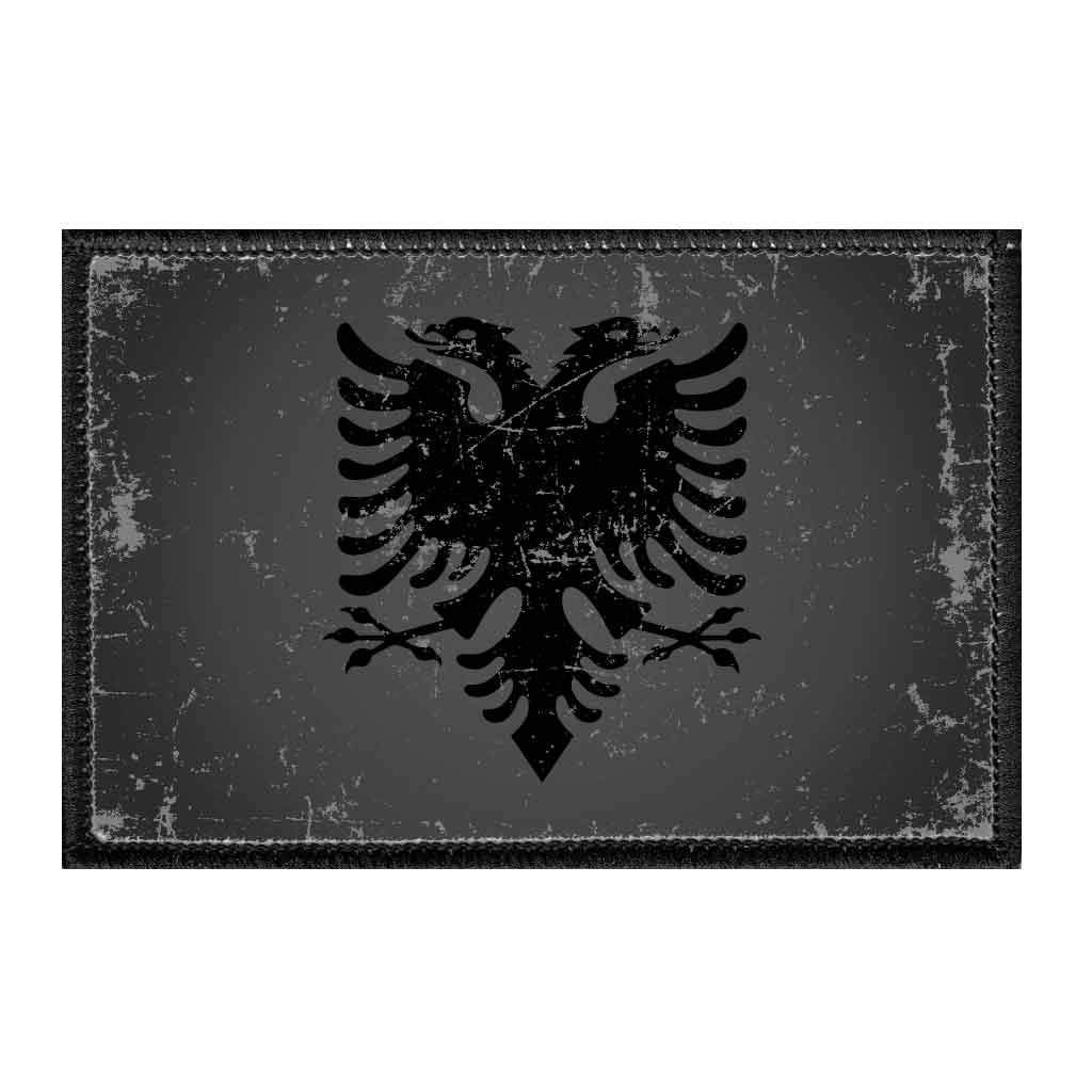 Vintage Albania Flag Patch - Black & White Distressed Design | 2x3 Inch Hook and Loop Backing for Hats, Jackets, Vests & Denim | Perfect for DIY Crafts, Backpacks, Military Gear & Patriotic Decor