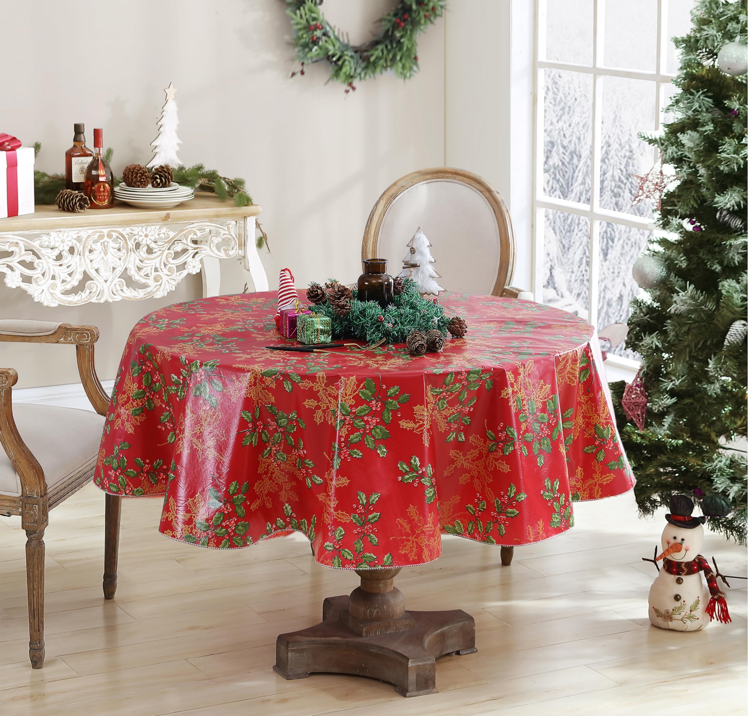 Newbridge Red Golden Holly & Berry Christmas Vinyl Tablecloth - Flannel Backed Holiday Table Cover with Wipe-Clean Easy Care Fabric, 70