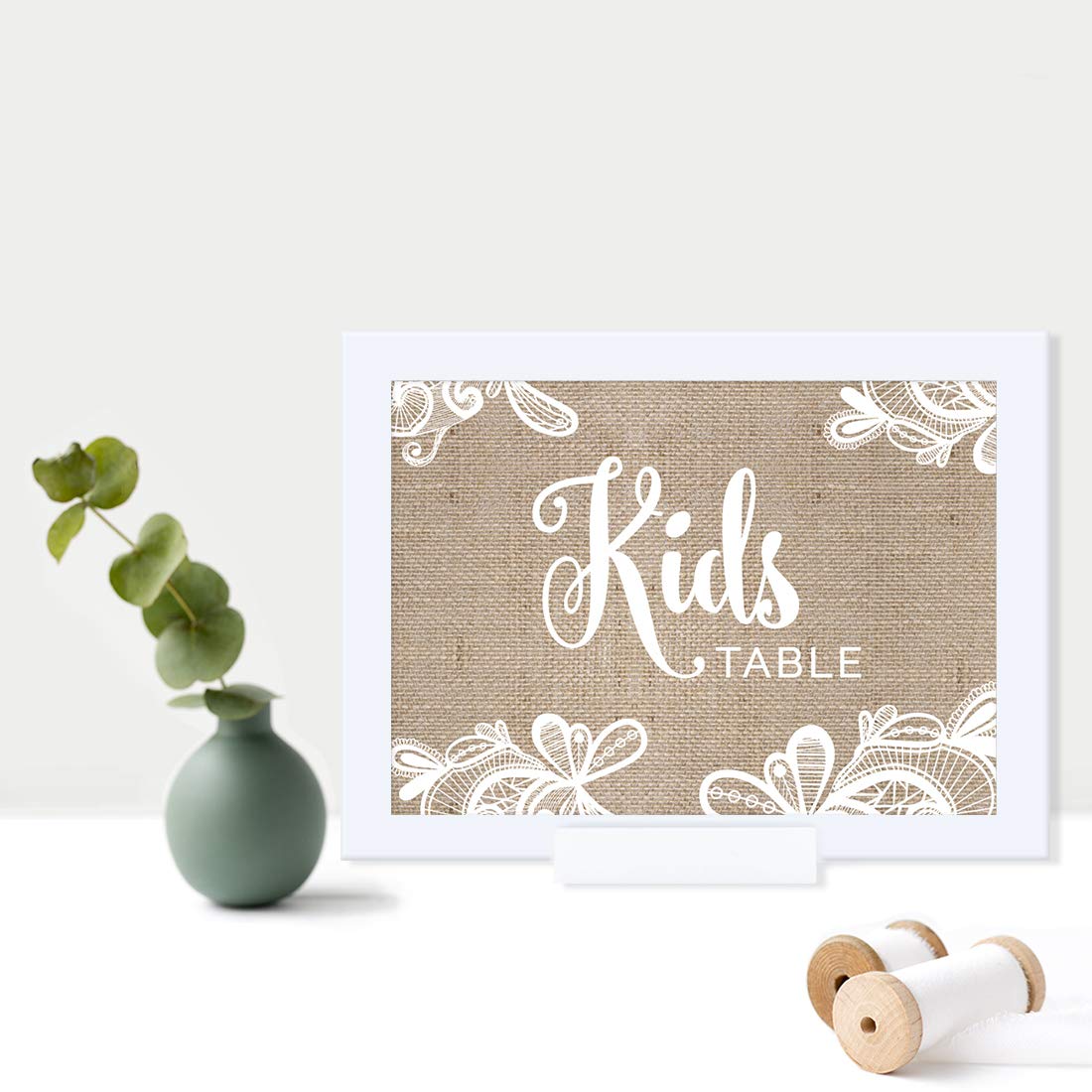 Andaz Press Wedding Framed Party Signs - Rustic Burlap Lace Printed Cardstock Table Decor - 5x7 inch Kids Table Sign with Frame - Perfect for Weddings, Baby Showers & Birthday Parties