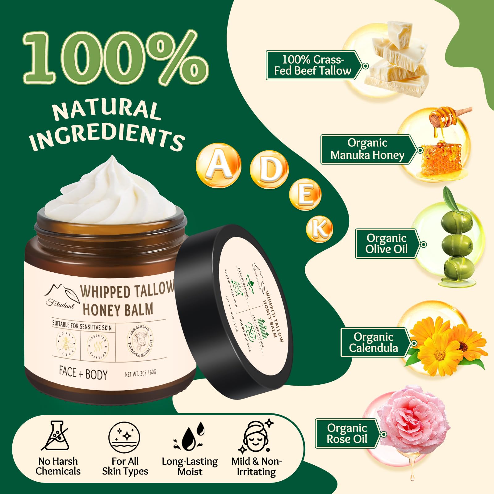 Organic Grass-Fed Beef Tallow & Honey Balm - 100% Natural Face & Body Moisturizer for Dry Skin, Unscented 2oz - Perfect for Daily Skincare Routine, Eczema Relief & Nighttime Hydration