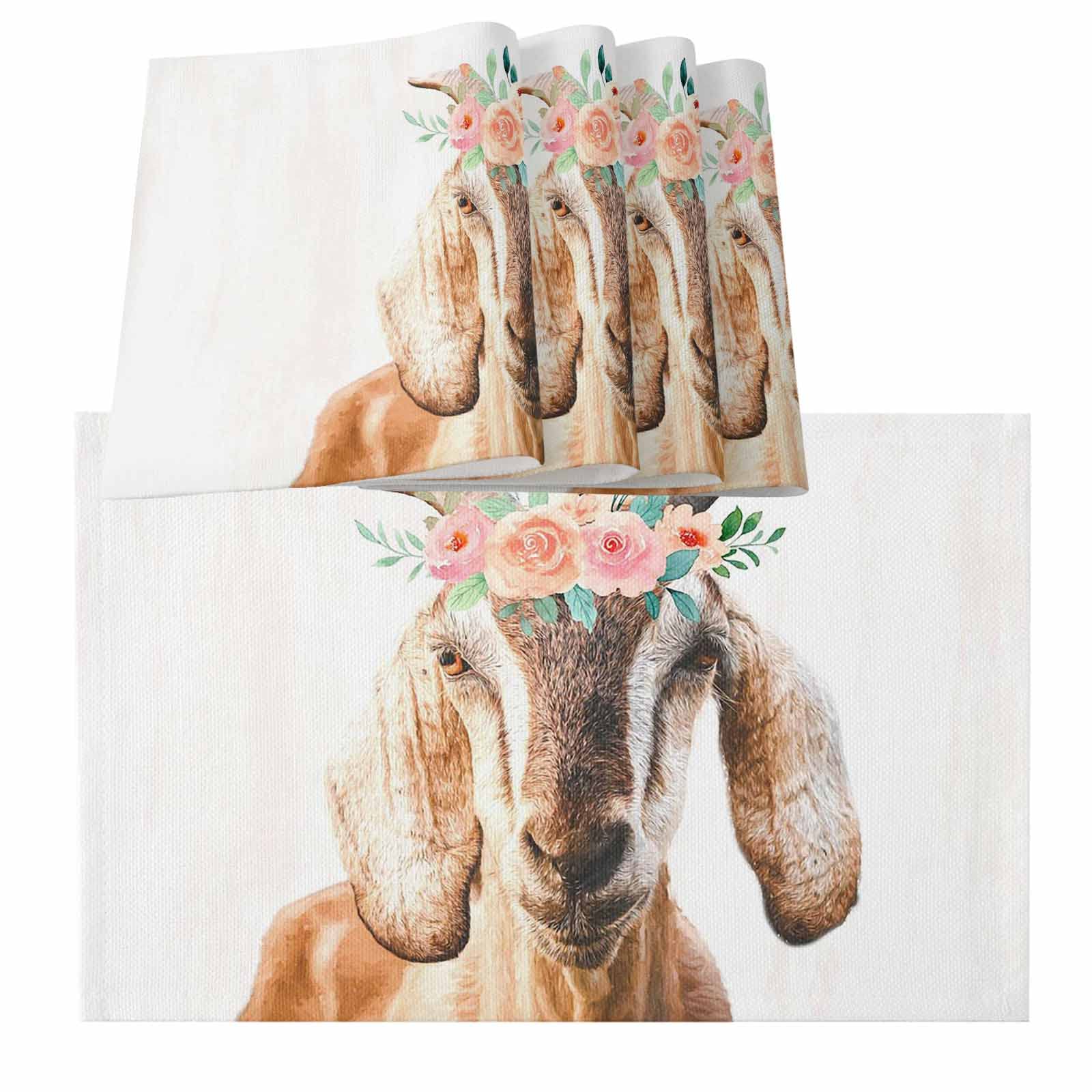 6-Pack Goat & Floral Burlap Placemats - Washable Dining Table Mats for Kitchen, Home Decor, Parties | Funny Animal Theme Place Settings for Casual & Formal Occasions