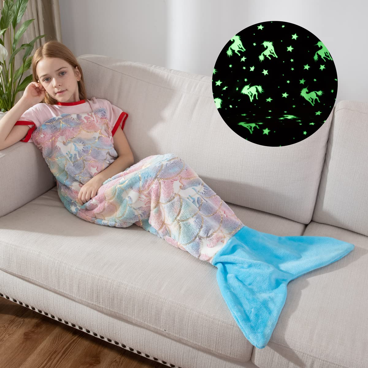 Glow in The Dark Mermaid Tail Blanket - Super Soft Unicorn Luminous Tie Dye Blanket for Toddler Girls, Kids Birthday Christmas Halloween Gift - Perfect for Sleepovers, Movie Nights & Fantasy Play