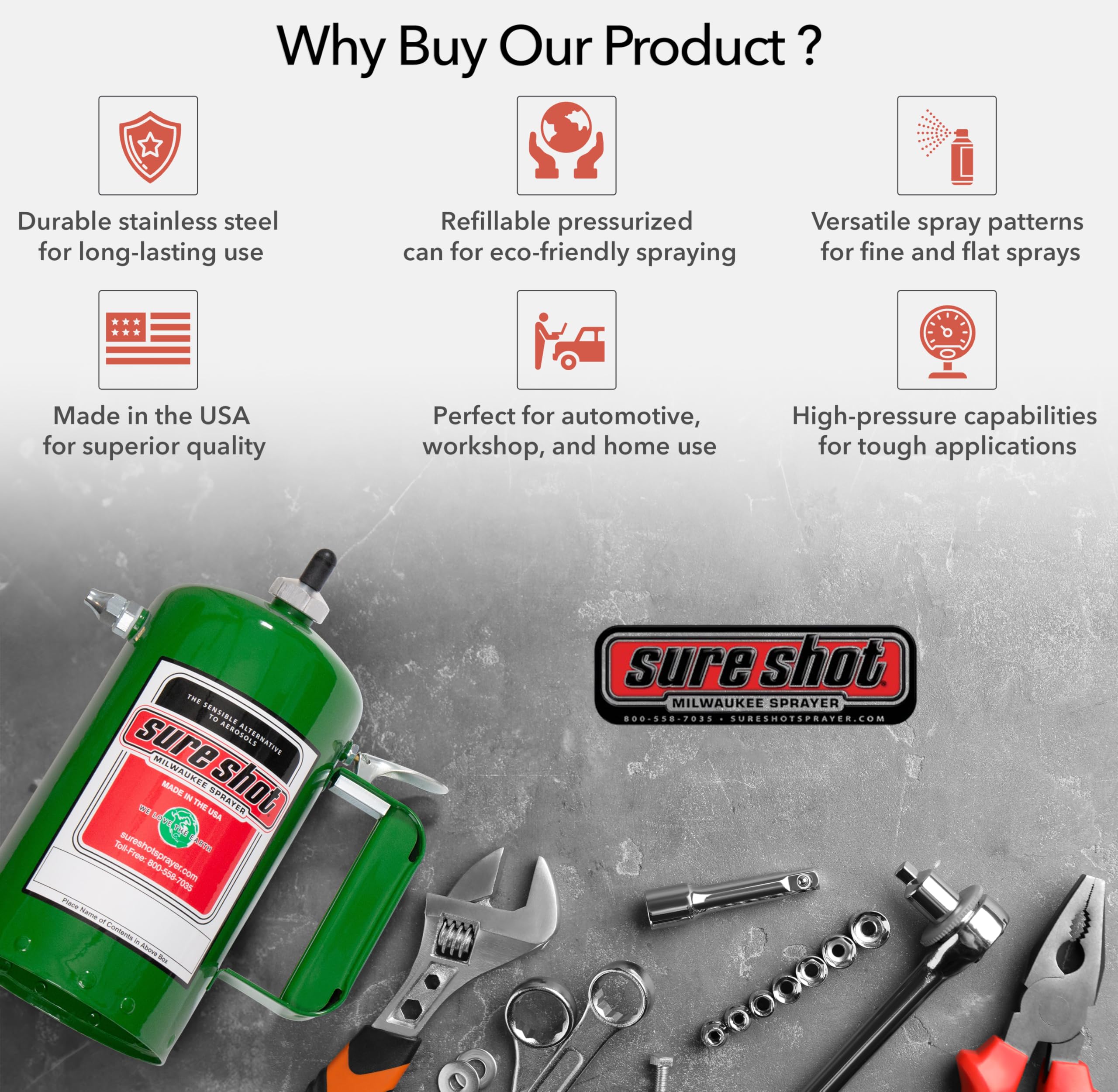 SURE SHOT A1000G 1-Quart Non-Aerosol Refillable Pressurized Sprayer - Heavy Duty Steel Canister with Brass Nozzle for Oil, Solvent, Degreasers & Lubricants - Made in USA (32oz) - Perfect for Automotive, Industrial & Household Cleaning Applications