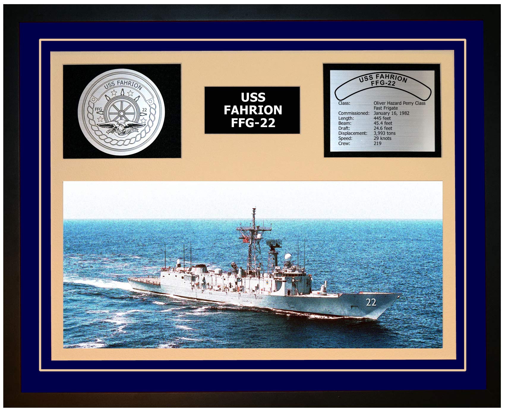 USS Fahrion FFG-22 Navy Ship Model Display - Framed Blue Military Collectible for Home, Office & Man Cave Decor