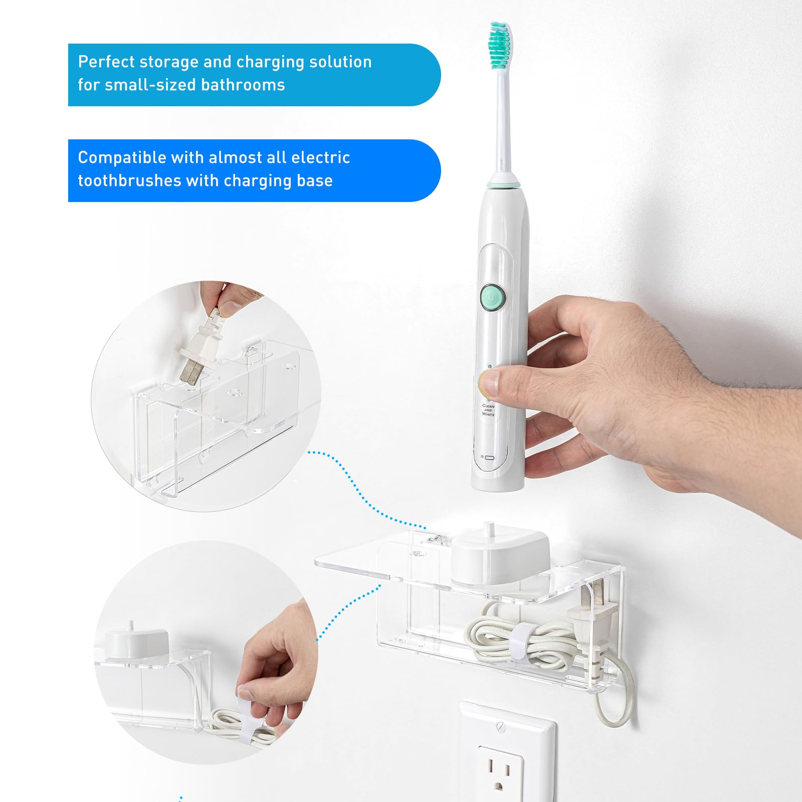 OAPRIRE Acrylic Wall Mount Electric Toothbrush Holder with Cable Organizer - Space Saving Bathroom Organizer for Oral Care Essentials (Perfect for Small Bathrooms & Convenient Charging Stations)
