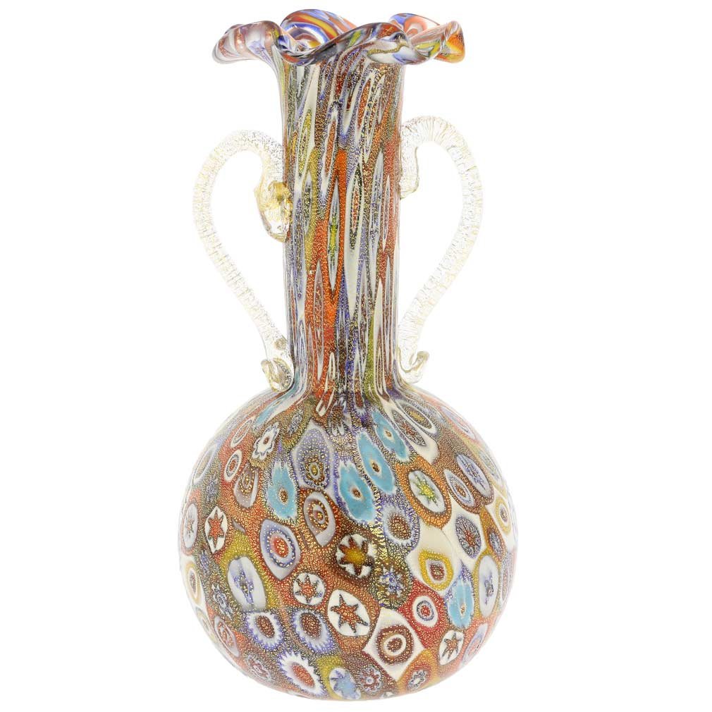 Venetian Murano Glass Millefiori Vase with Golden Quilt Pattern & Handles - Elegant Home Decor for Living Room, Dining Table, or Luxury Gift