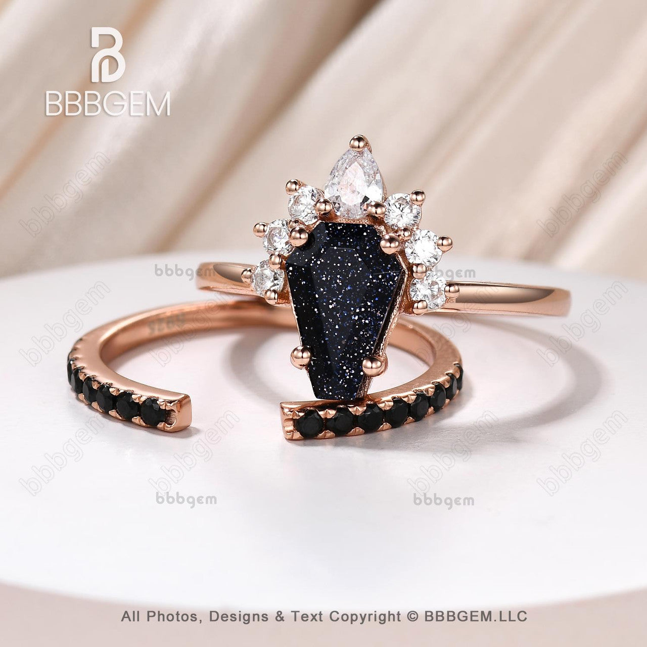 Rose Gold Spinel Coffin Cut Wedding Ring Set for Women - Dark Cluster Blue Sandstone Engagement Rings | Unique Anniversary Gift for Bride, Couples & Special Occasions