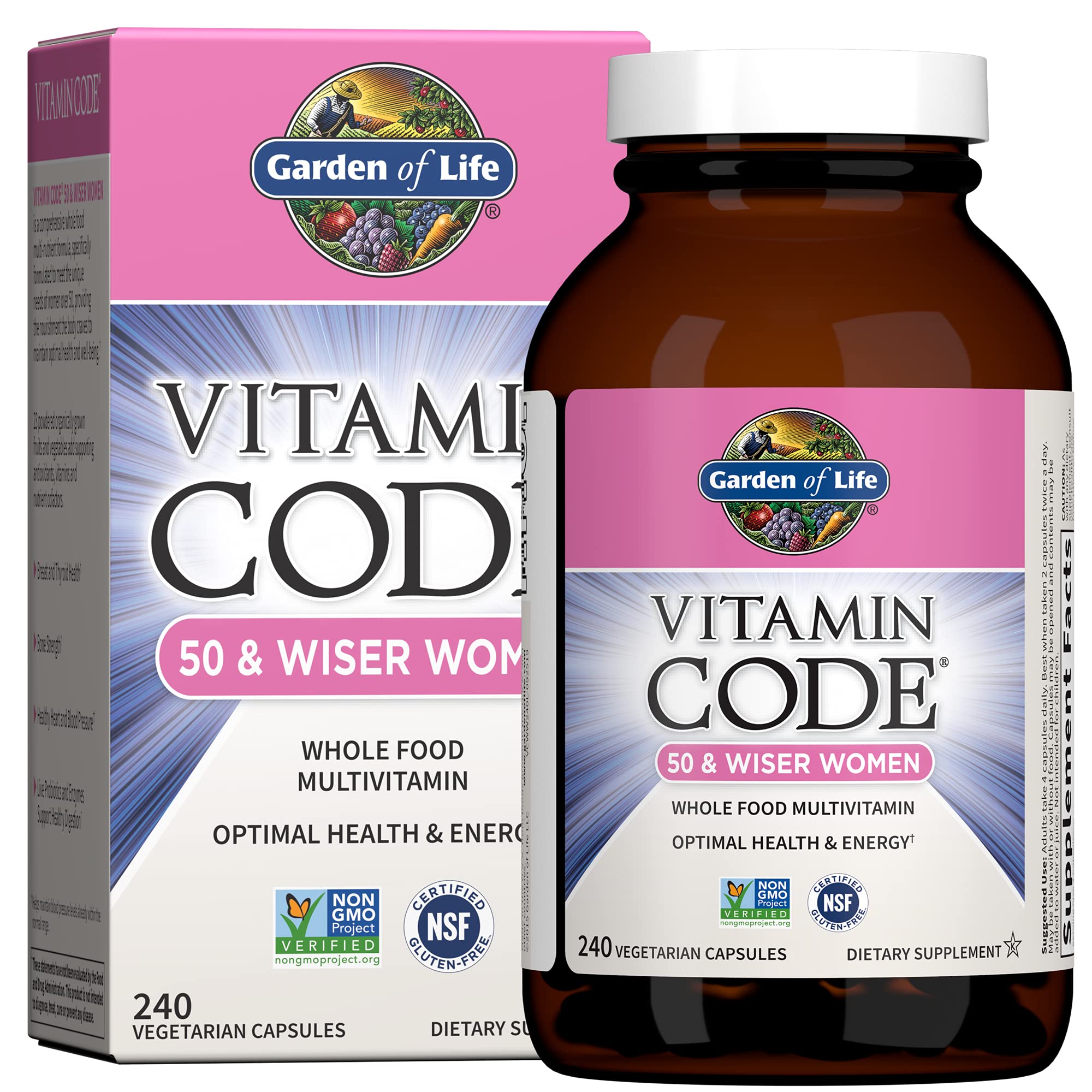 Garden of Life Vitamin Code Women 50 & Wiser Multivitamin - 240 Capsules with Vitamins A, B, C, D3, E, K, CoQ10, Probiotics & Enzymes for Women Over 50 | Supports Energy, Immunity & Bone Health | Perfect for Active Lifestyles & Healthy Aging