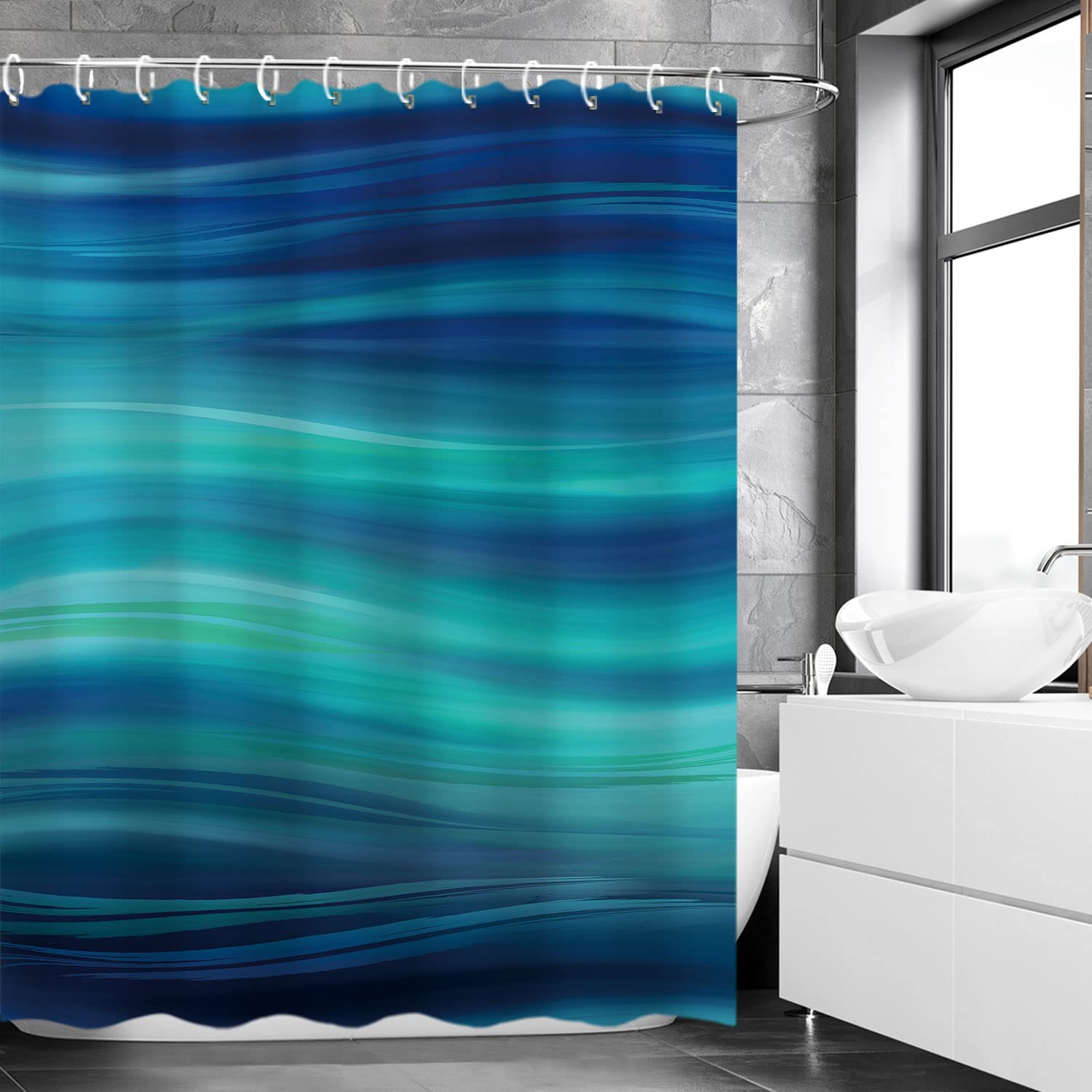 RosieLily Blue Marble Abstract Shower Curtain Set - Waterproof Bathroom Decor with 12 Hooks, 72x72 Inches (Teal & Navy Ombre Stripes) - Perfect for Modern, Coastal, or Boho Style Bathrooms