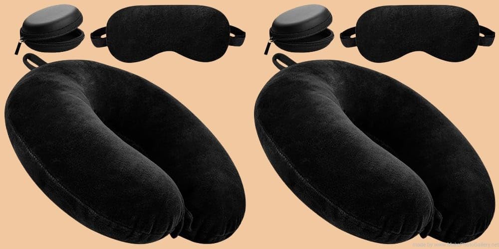 Premium Travel Neck Pillow Set of 2 - Ergonomic Memory Foam Support for Airplane, Car & Office - Unisex Comfort Head Rest for Long Flights & Road Trips - Black Multipurpose Neck Holder (Airplane Accessories, Business Travel Essentials)