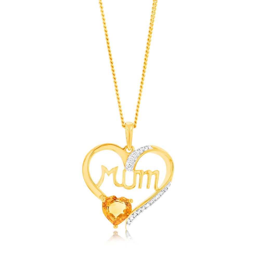 9ct Yellow Gold 6mm Natural Citrine and Diamond Heart Pendant Necklace - Perfect Gift for Mother's Day, Birthday & Anniversary Jewelry