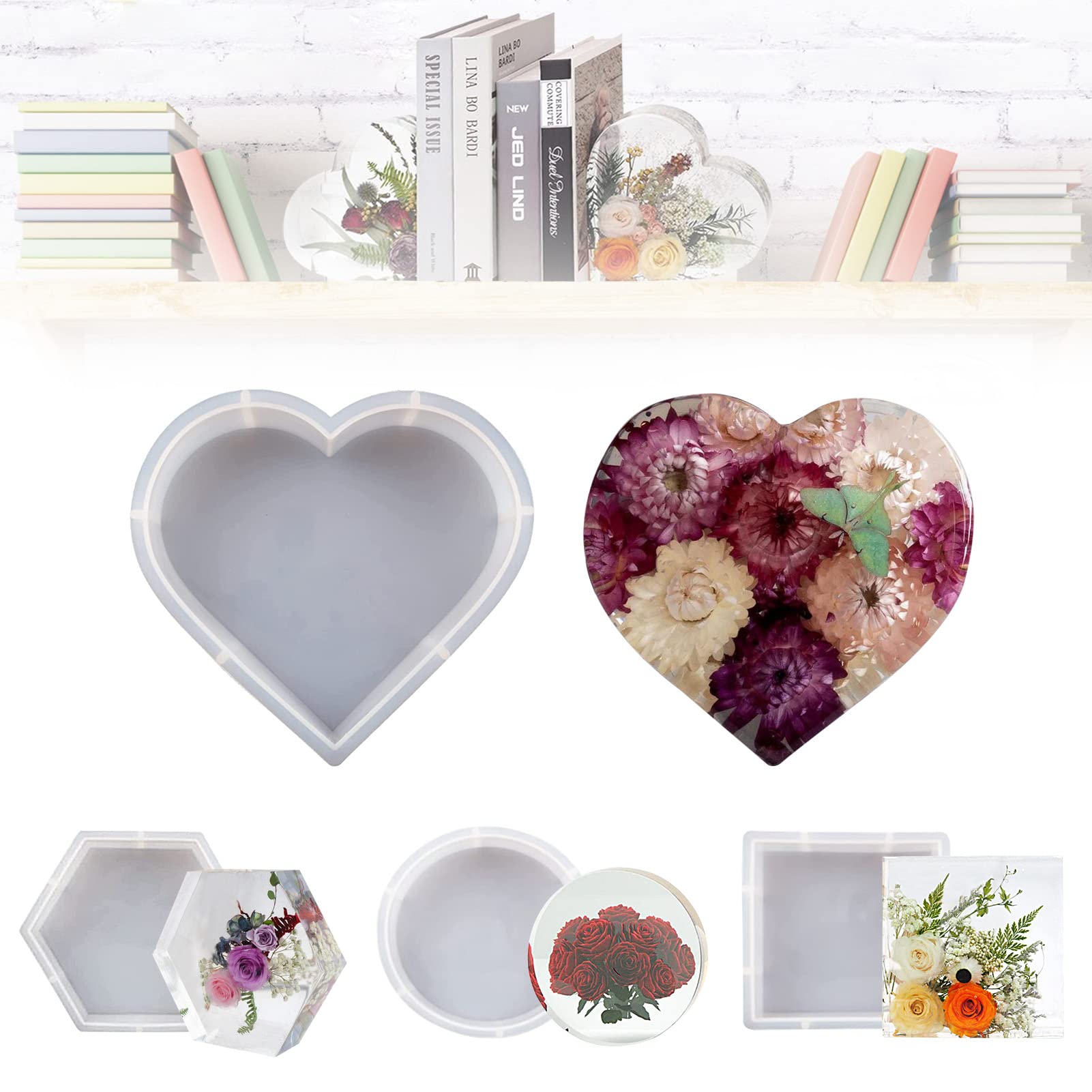 Heart-Shaped Resin Bookends Molds - Large Silicone Epoxy Molds for DIY Crystal Book Organizers, Flower Preservation, Home & Office Decor, Wedding & Birthday Gifts - Perfect for Bookshelves, Desks, and Creative DIY Projects