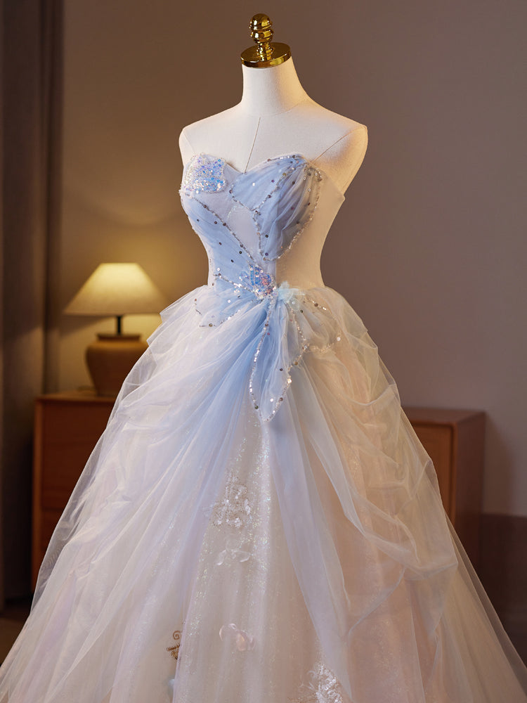 Elegant A-Line Sweetheart Neckline Tulle Sequin Champagne Long Prom Dress for Homecoming, Formal Dances & Special Occasions