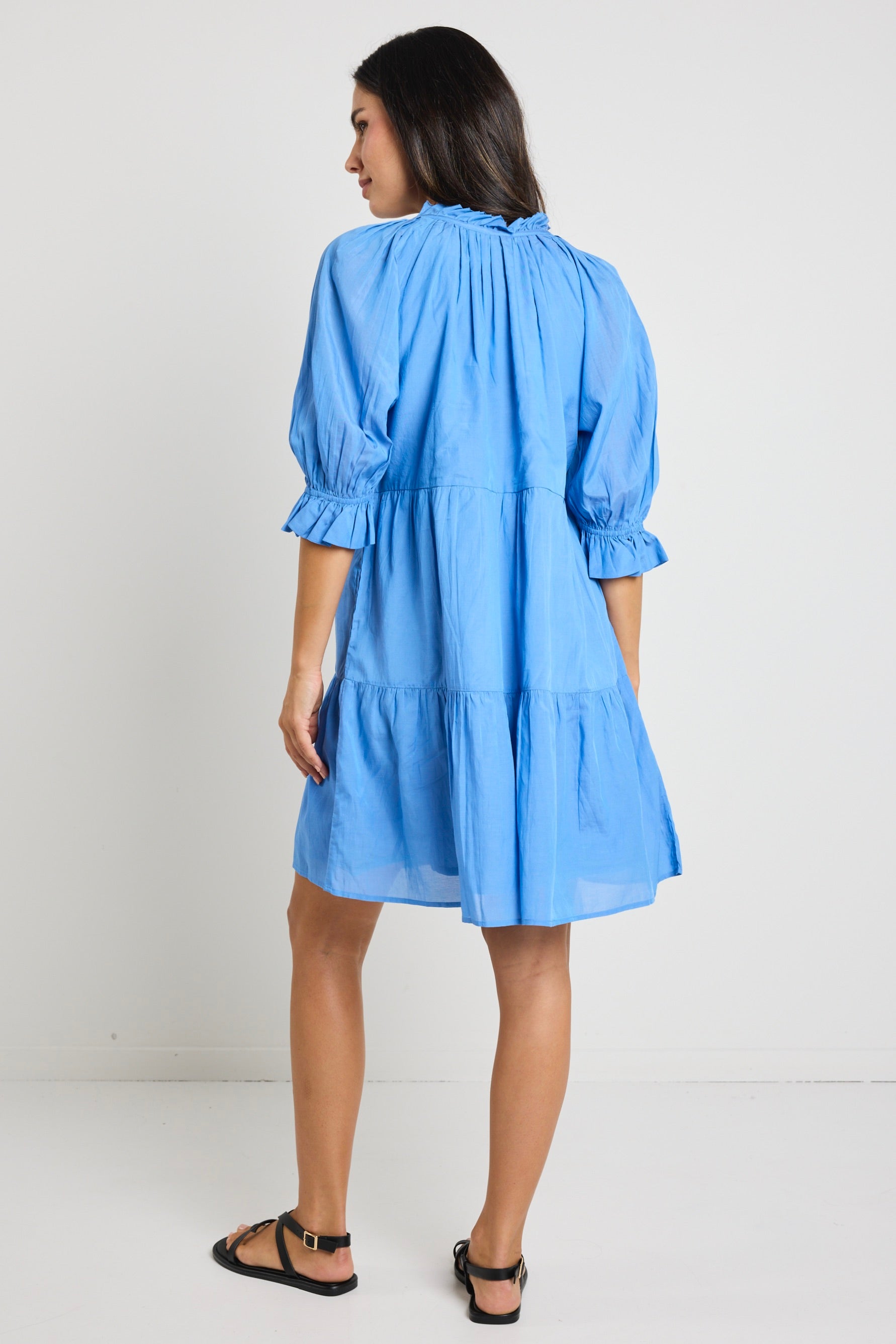Blue Cotton Voile Short Sleeve Tie Front Mini Shift Dress for Women | Casual Summer Dress for Beach, Party & Everyday Wear